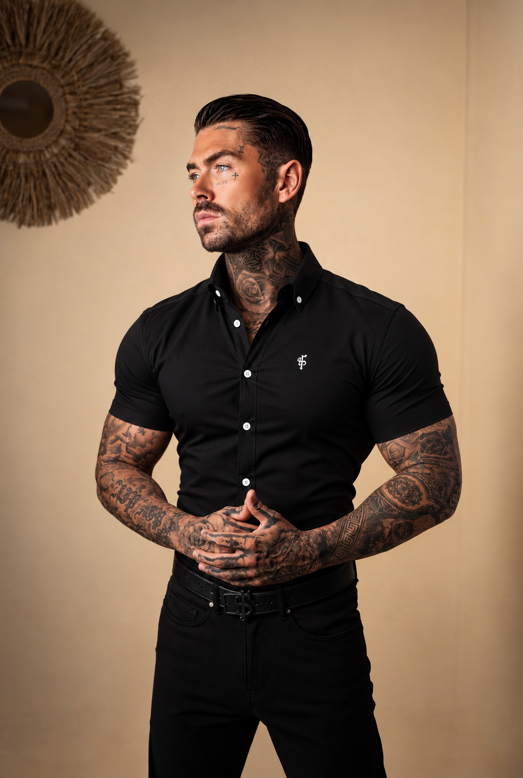 Super Slim Stretch Classic Oxford Black Short Sleeve - FS303