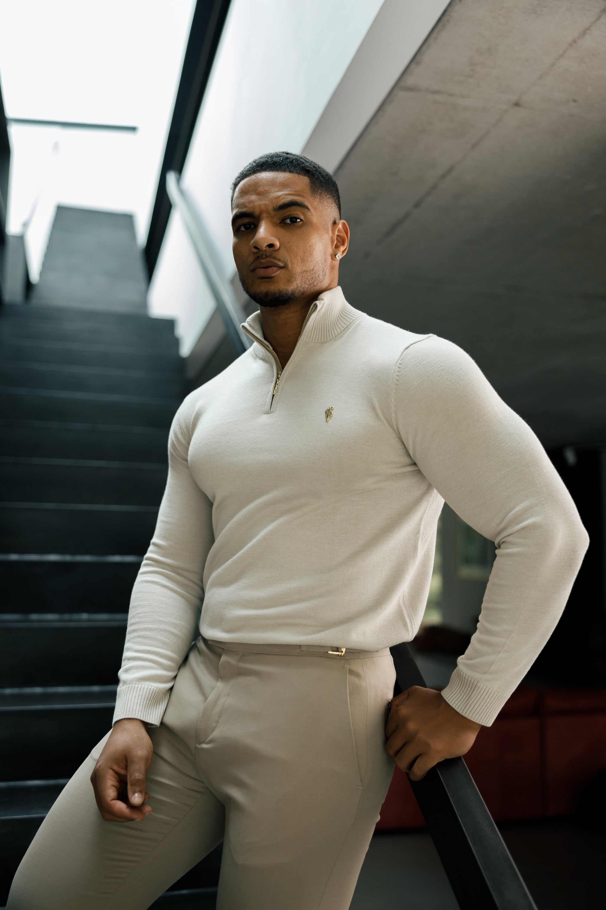 Father Sons Beige Funnel Neck 1/2 Zip Knitted Sweater - FSN118