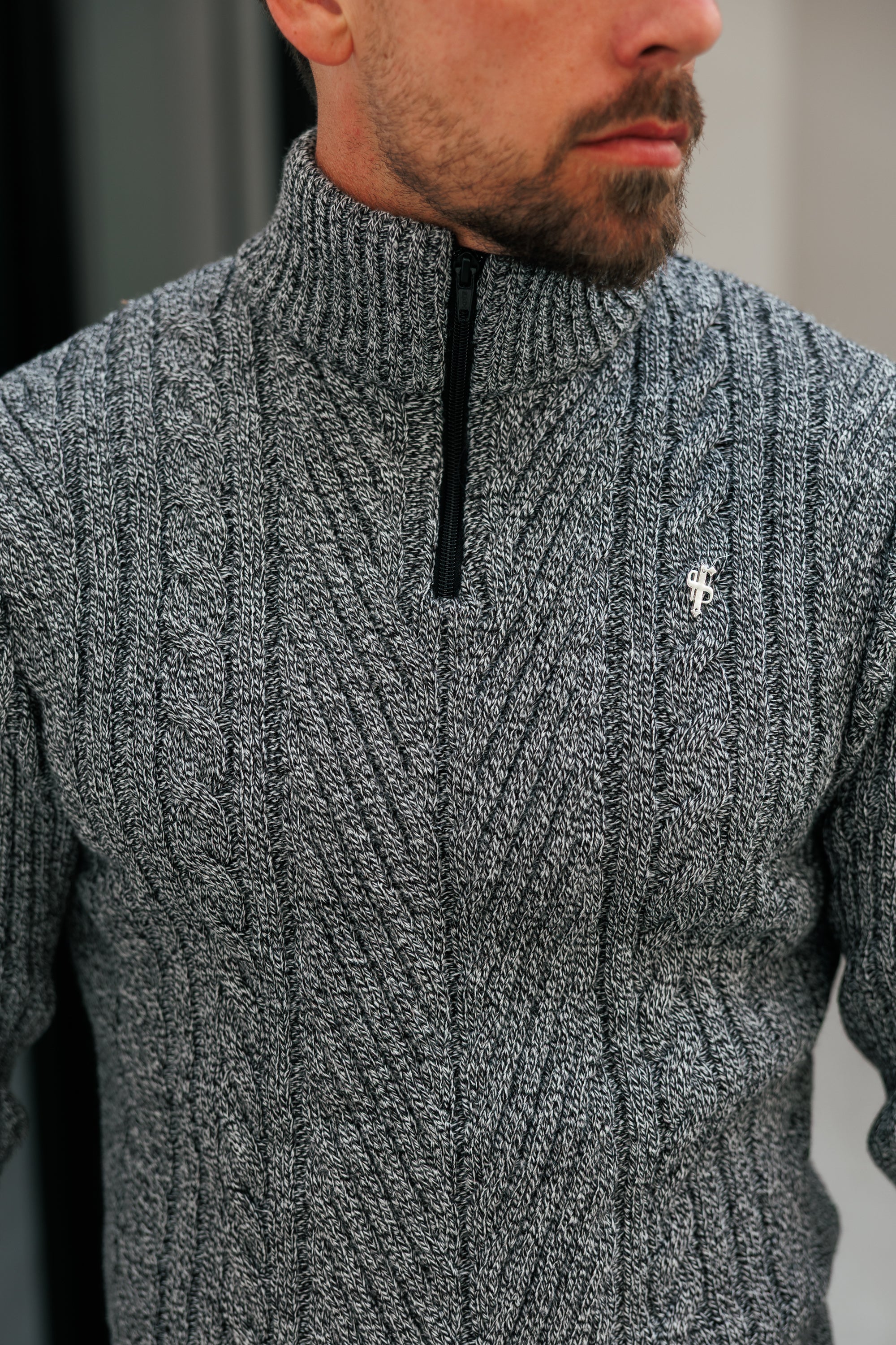 Funnel Neck Jumper with Quarter Zip Black / White Two Tone - FSJ154