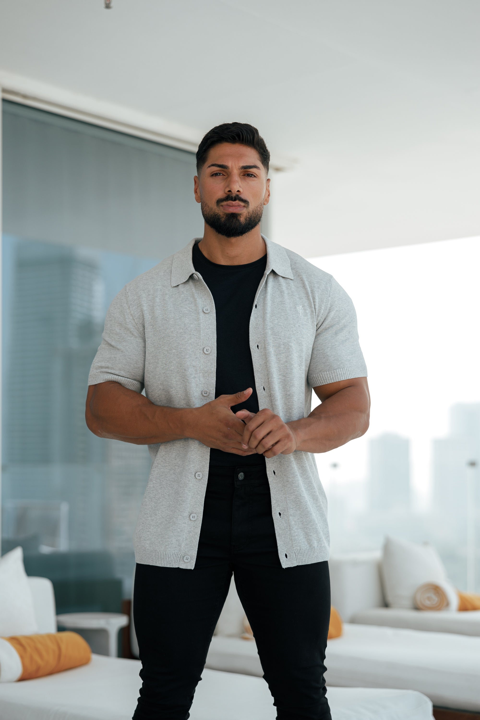 Classic Plain Light Grey Knitted Button Through Polo Short Sleeve - FSN102