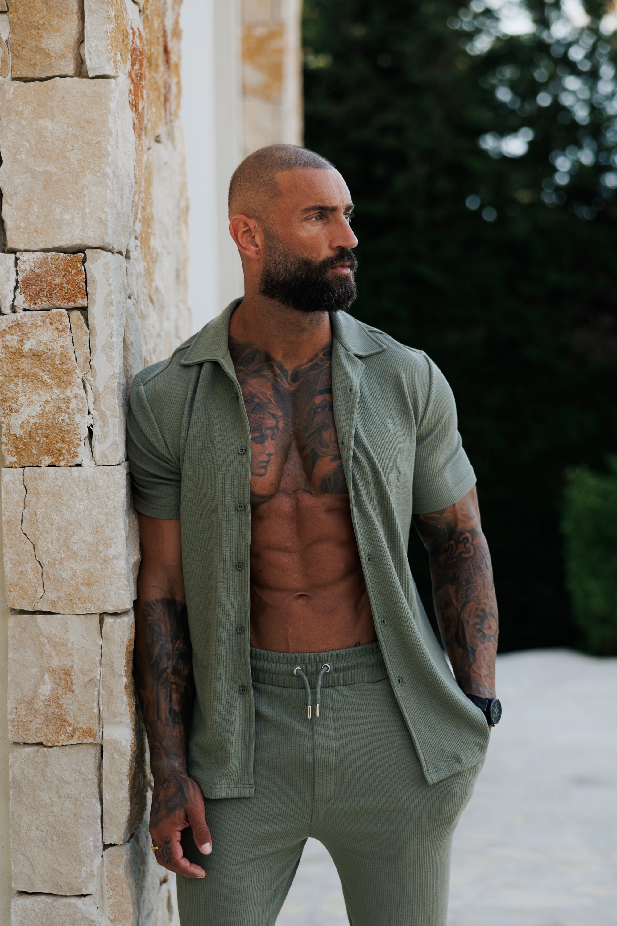 Jersey Cord Stretch Olive Revere Shirt Short Sleeve - FSR072