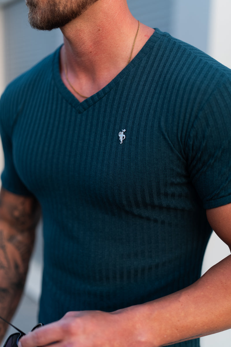 Father Sons Super Slim Forest Green / Silver V Neck Ribbed Crew - FSH1368