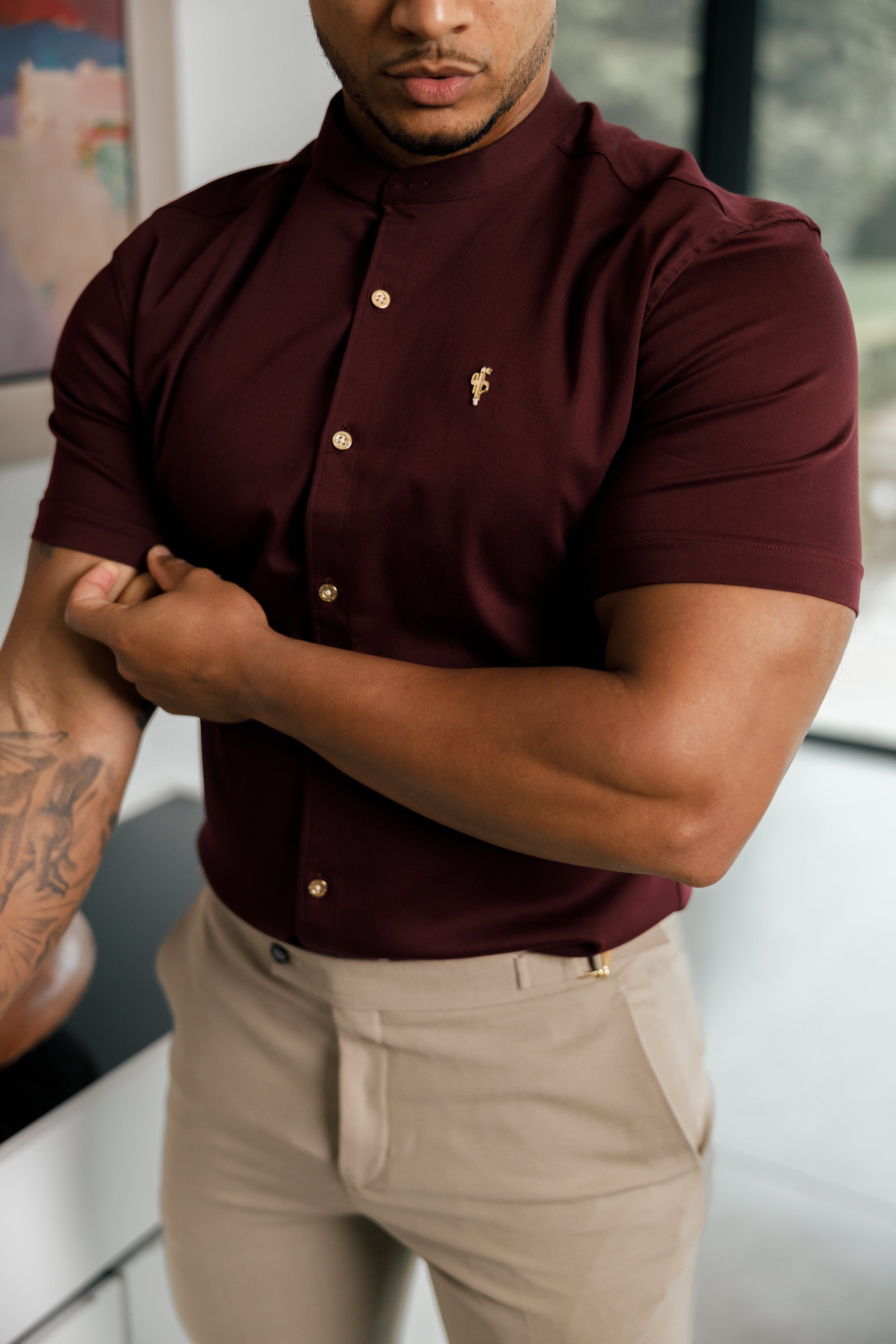 Super Slim Stretch Burgundy Denim Short Sleeve Grandad collar with Metal Buttons and Decal Emblem - FS722