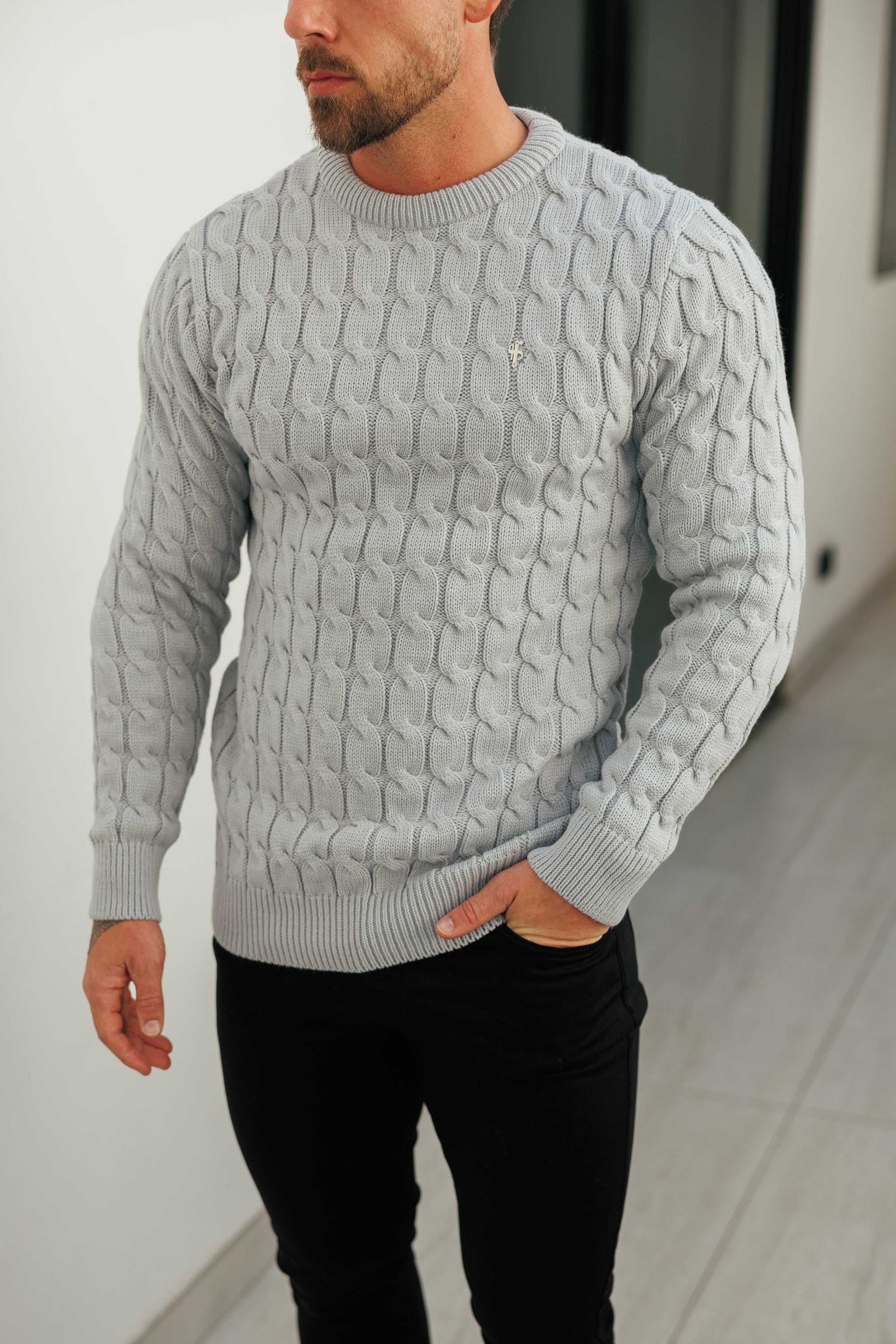 Link Weave Knit Cop Grey Crew Neck Jumper - FSJ129
