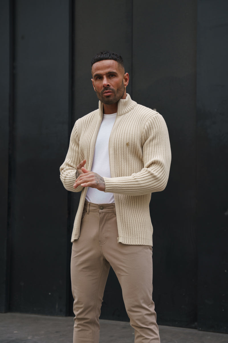 Father Sons Chunky Beige Ribbed Zipped Cardigan - FSJ069