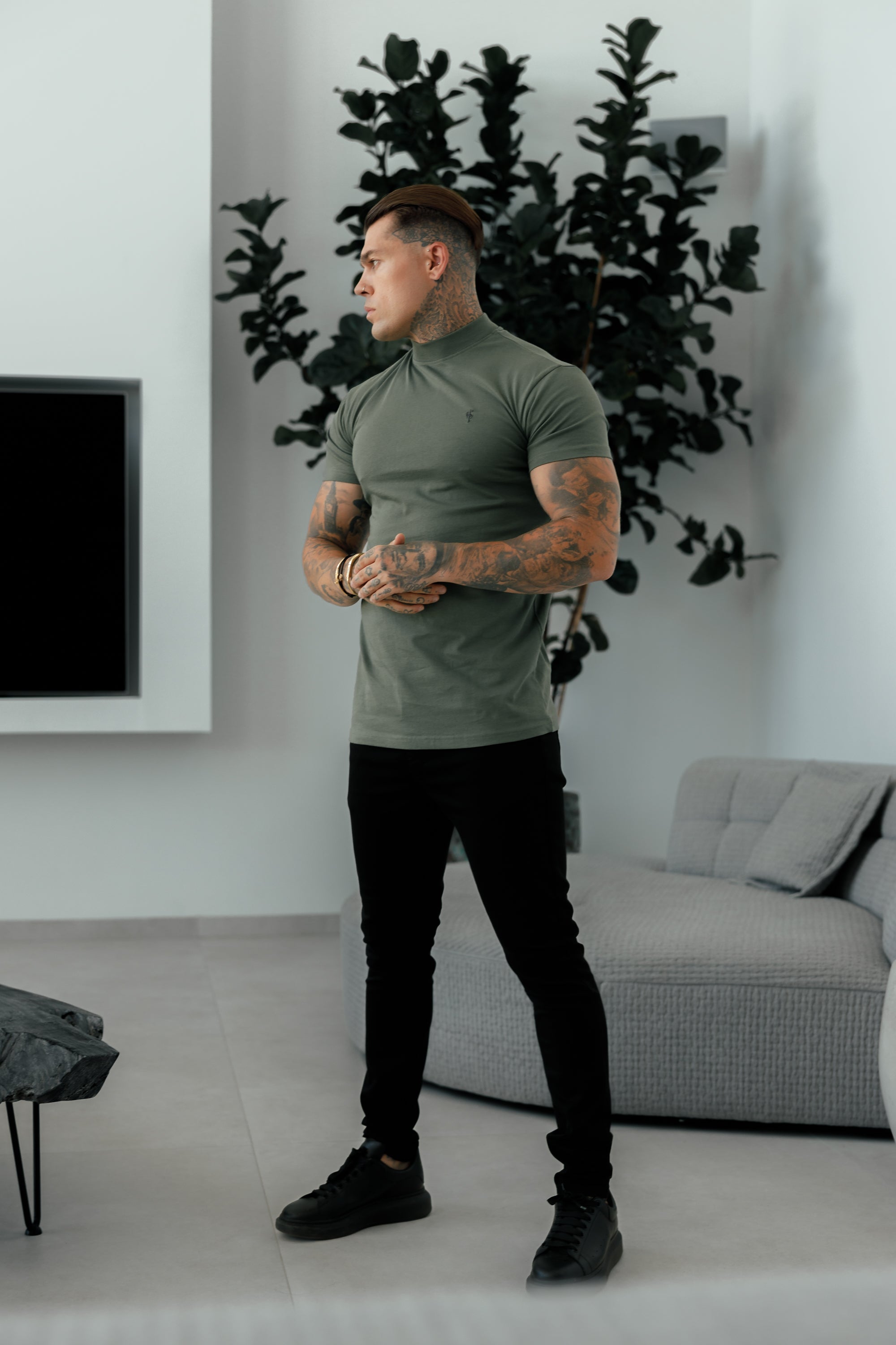Ribbed High Neck Crew T-Shirt Short Sleeve Khaki / Black - FSH1116