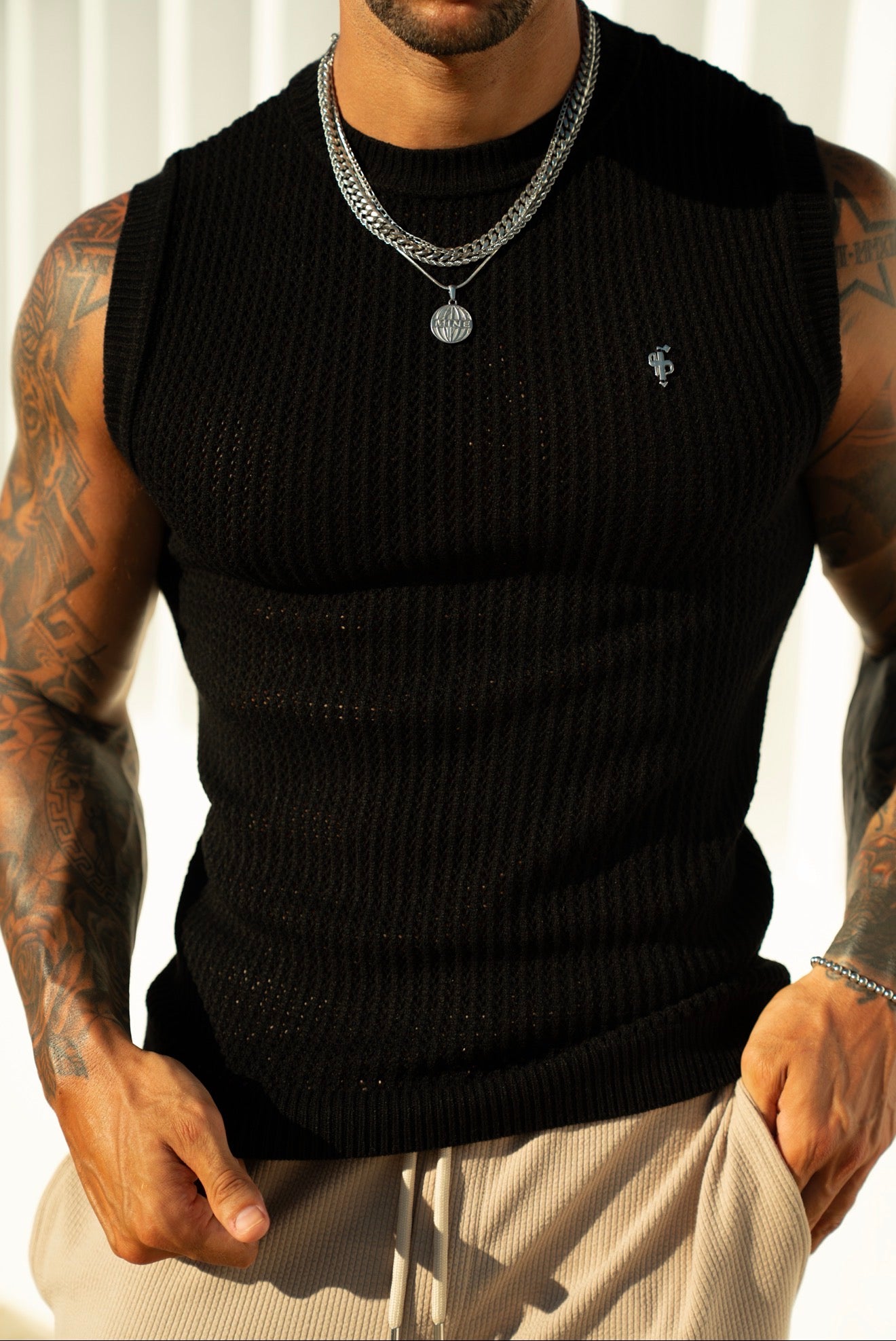 Black / Silver Viscose Crochet Knitted Vest - FSJ164 (PRE ORDER 17TH JULY)