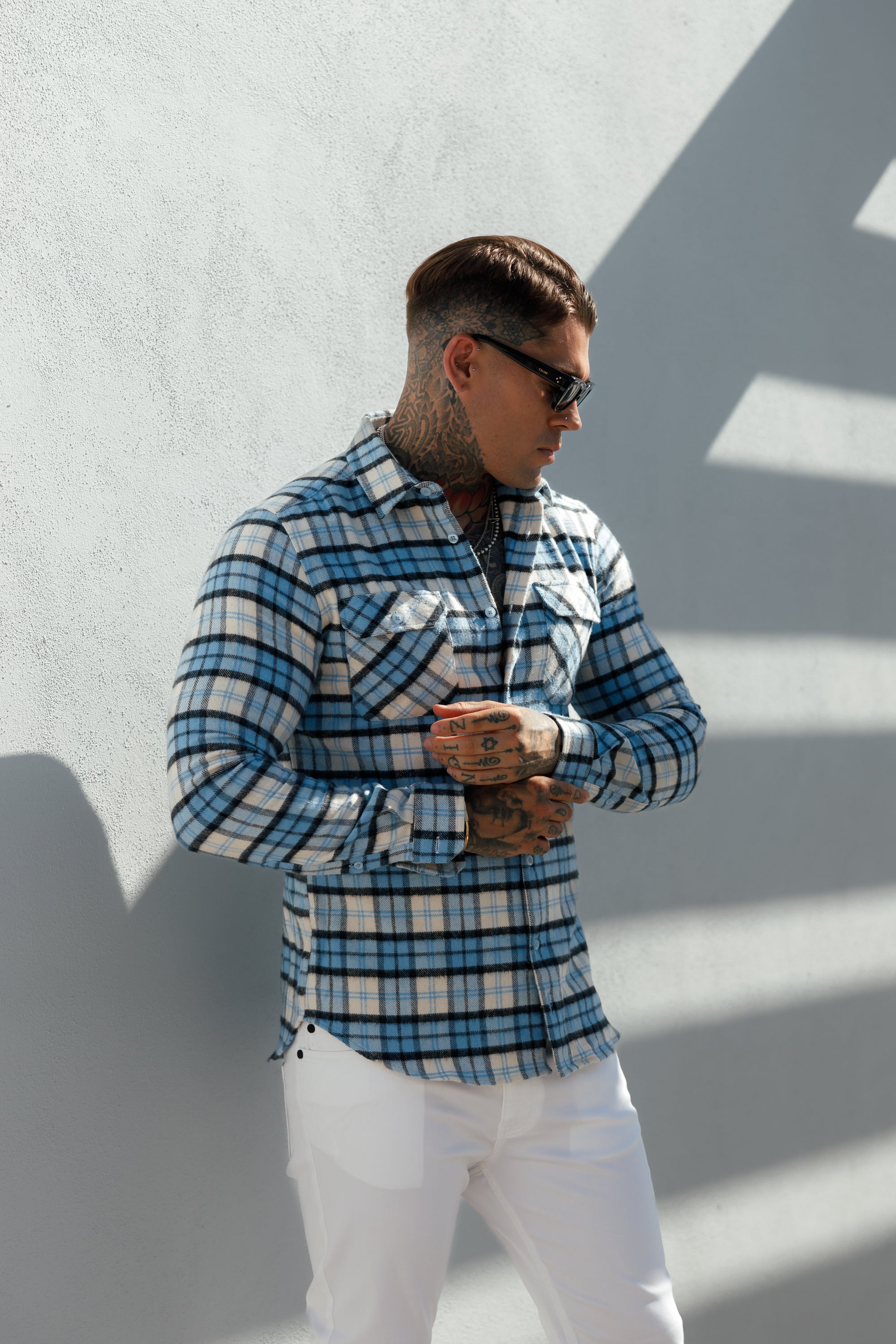 Light Blue Check Shacket With Double Pockets - FS1072