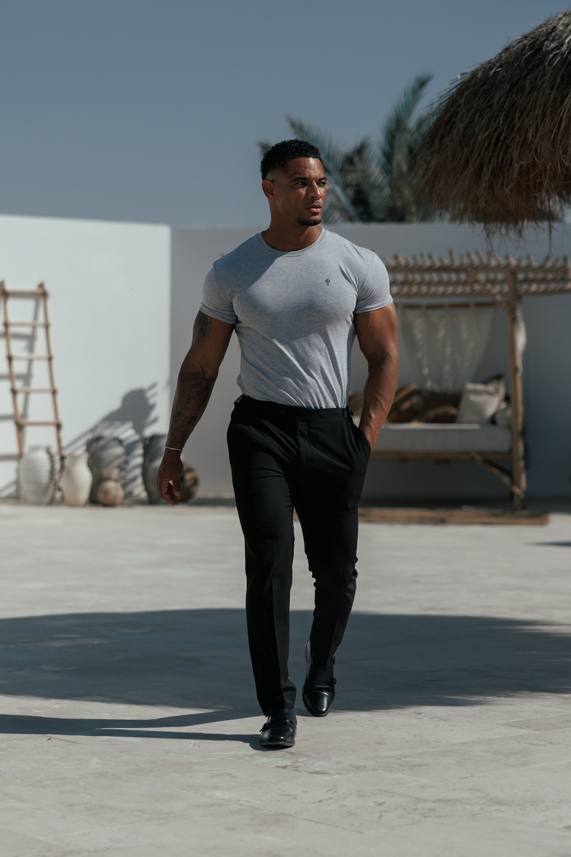 Light Grey Crew Neck Tshirt with Silver Metal Emblem Decal - FSH1452