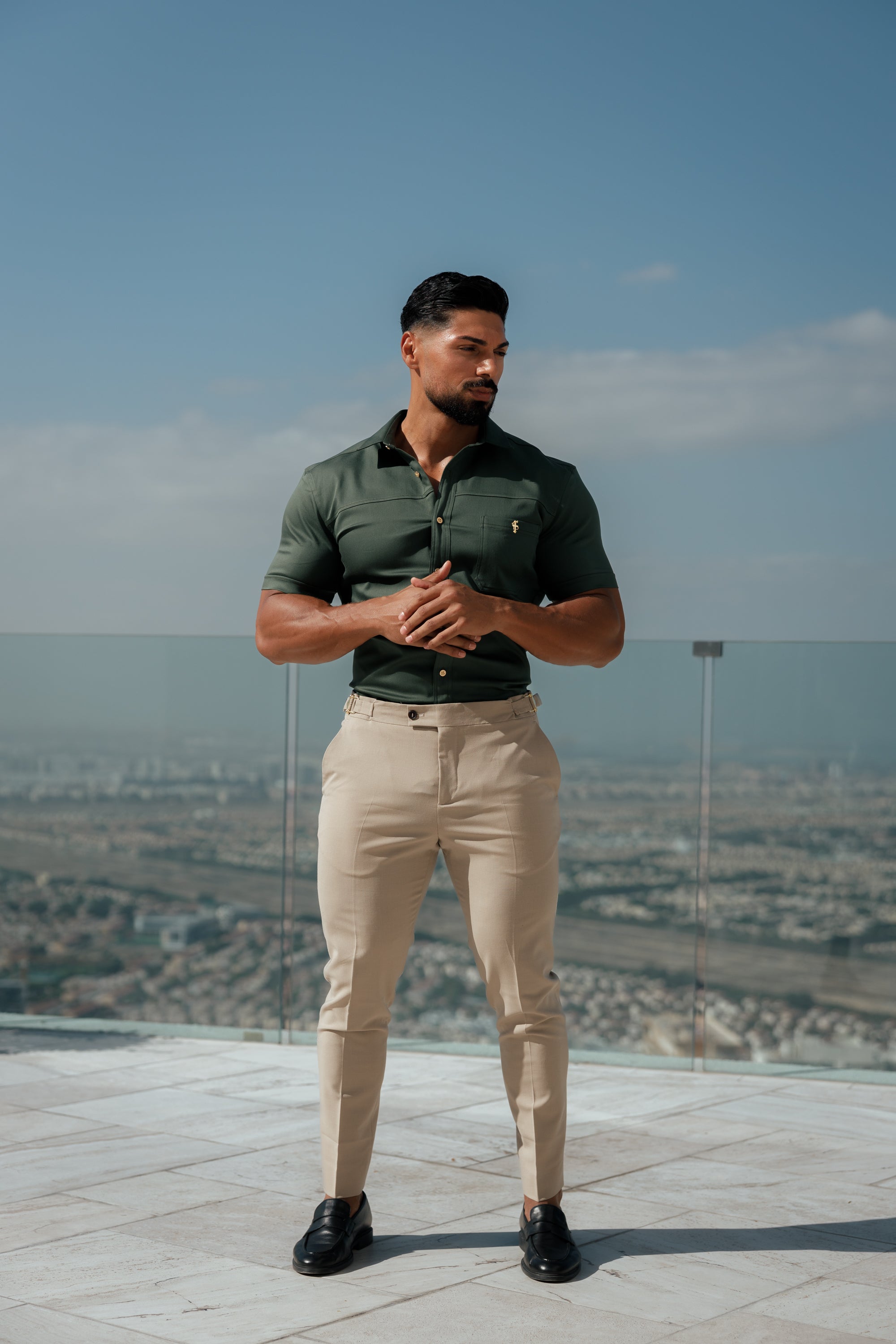 Father Sons Slim Formal Beige Stretch Pants With Gold Waist Adjusters - FST017