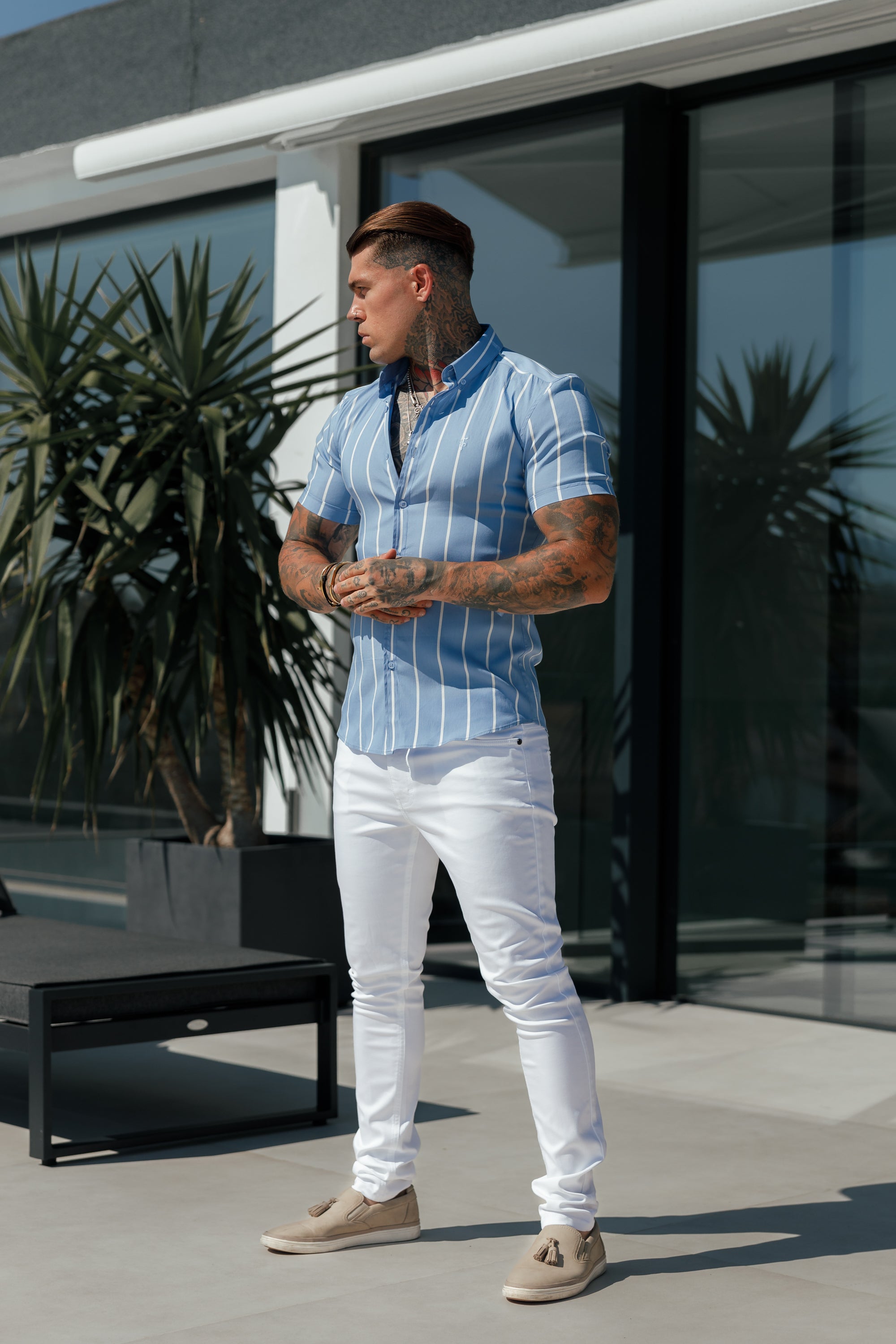 Super Slim Stretch Blue Printed Wide Stripe Short Sleeve with Button Down Collar - FS1054