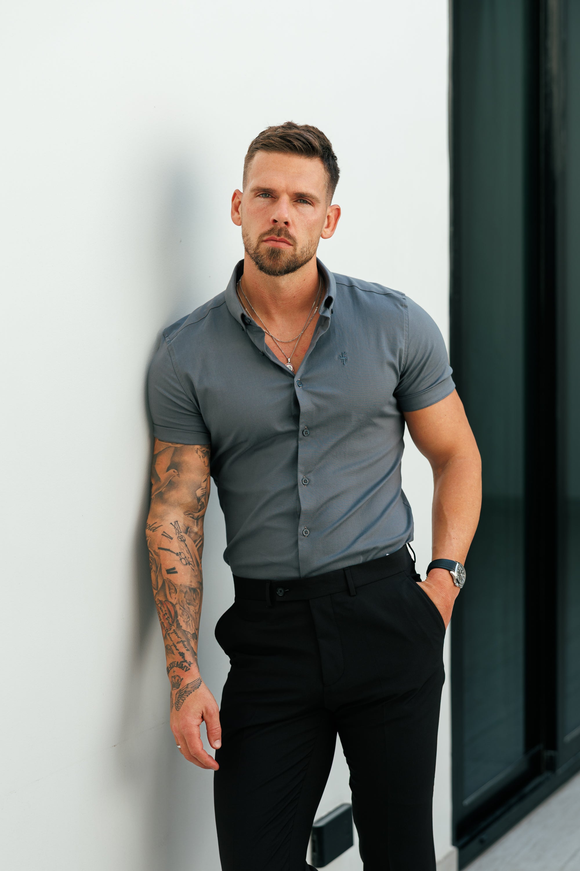 Classic Stretch Oxford Short Sleeve Charcoal with Button Down Collar - FS1215