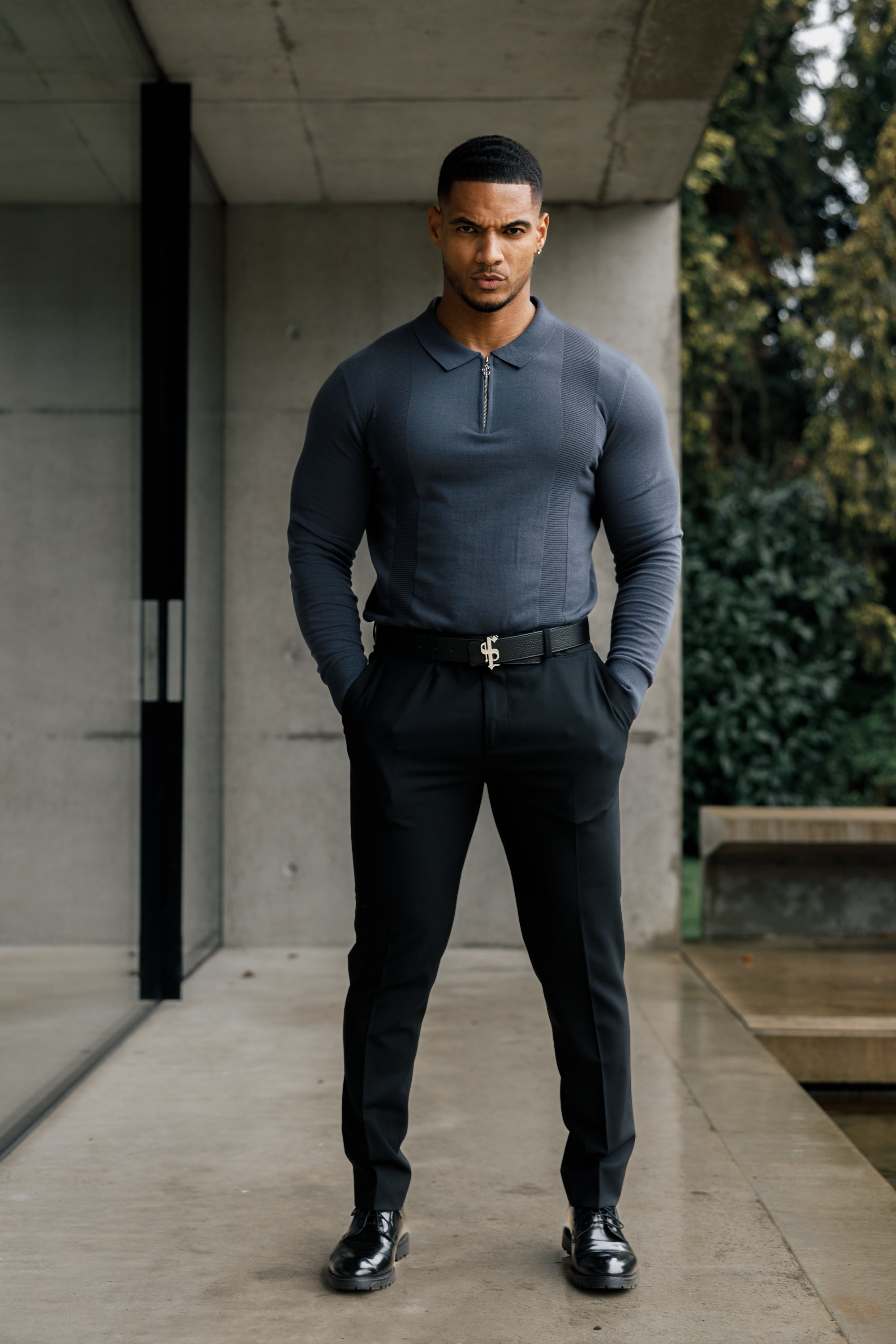Classic Gunmetal and Silver Zip Knitted Polo Shirt Long Sleeve - FSN128