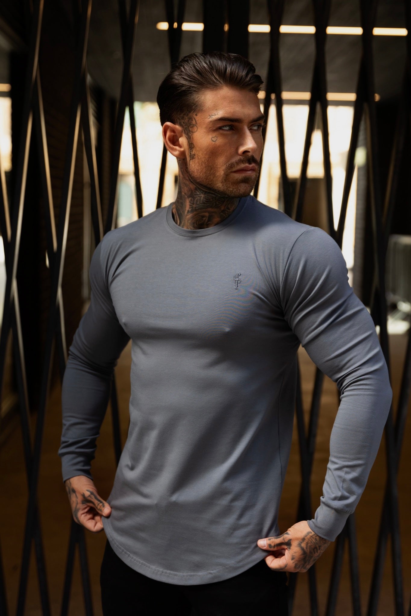 Classic Charcoal Tonal Curved Hem Long Sleeve Crew T Shirt - FSH1002