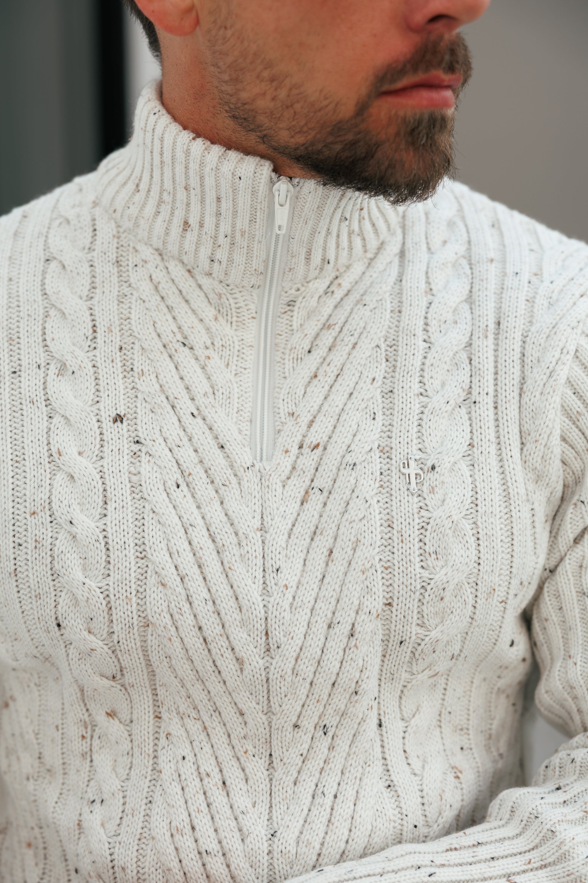 Funnel Neck Jumper with Quarter Zip Beige Fleck - FSJ156