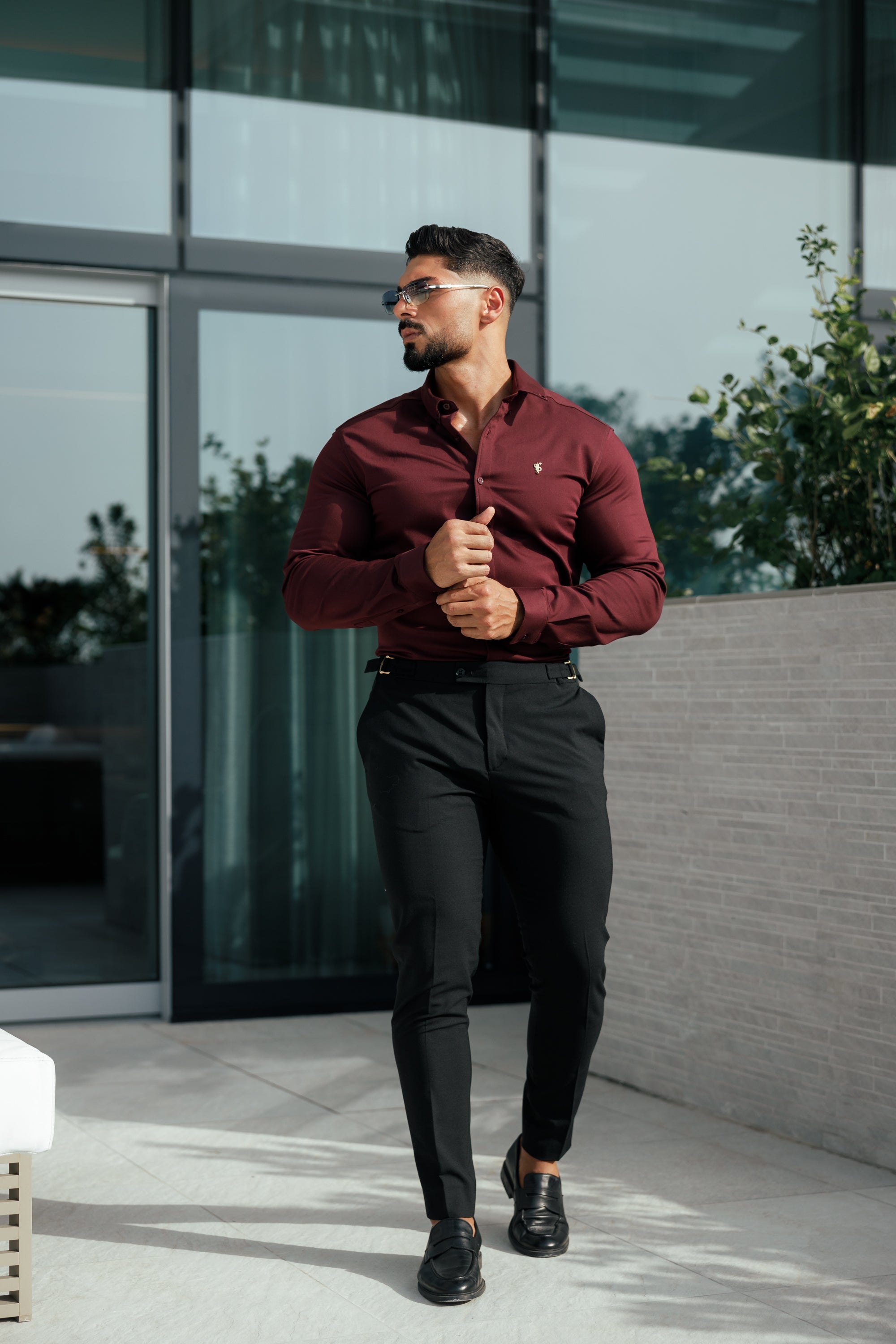 Super Slim Stretch Burgundy Denim Long Sleeve with Gold Metal Decal and Button Down Collar - FS1046