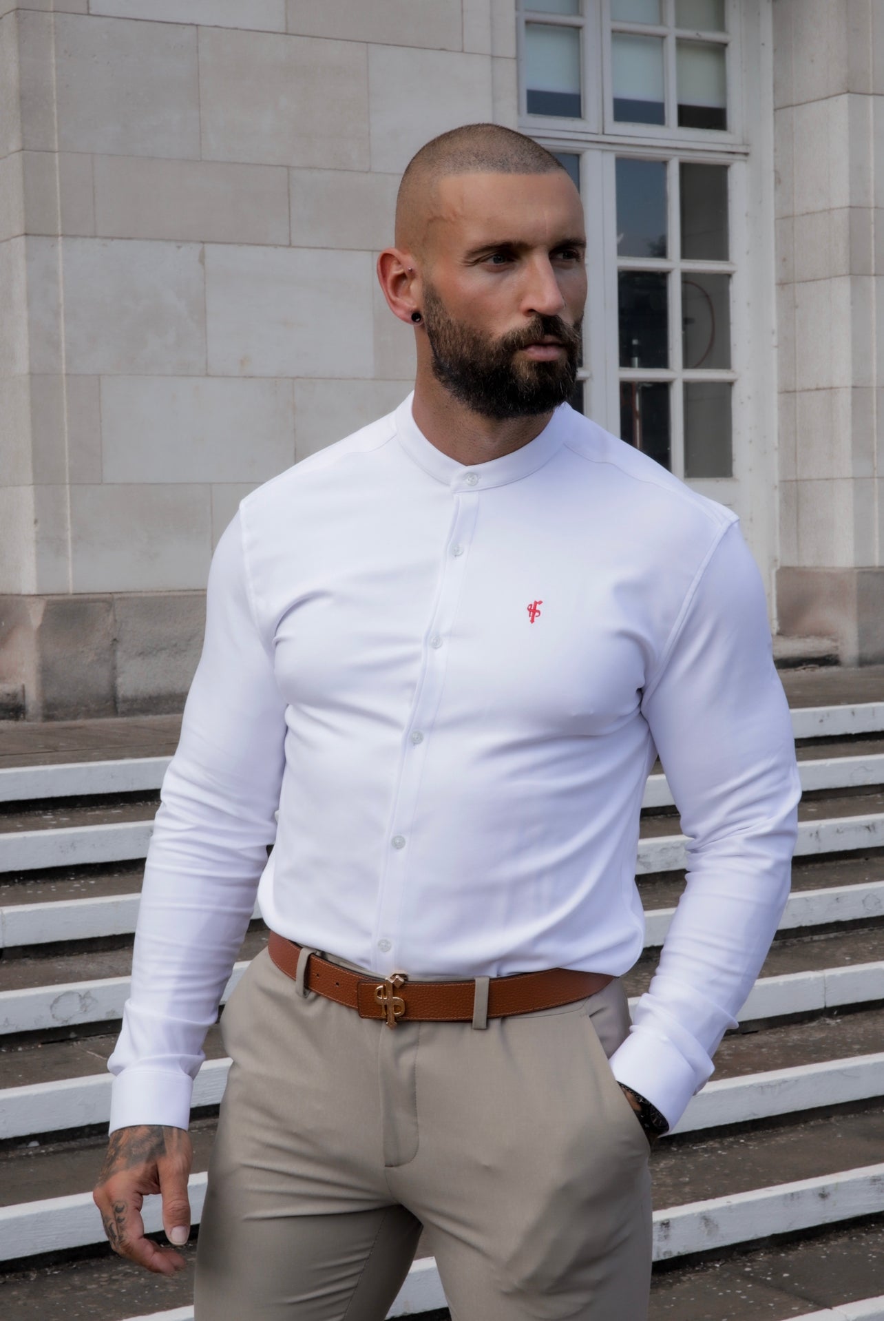 Super Slim Scuba White / Red Long Sleeve Stretch With Grandad Collar - FS939