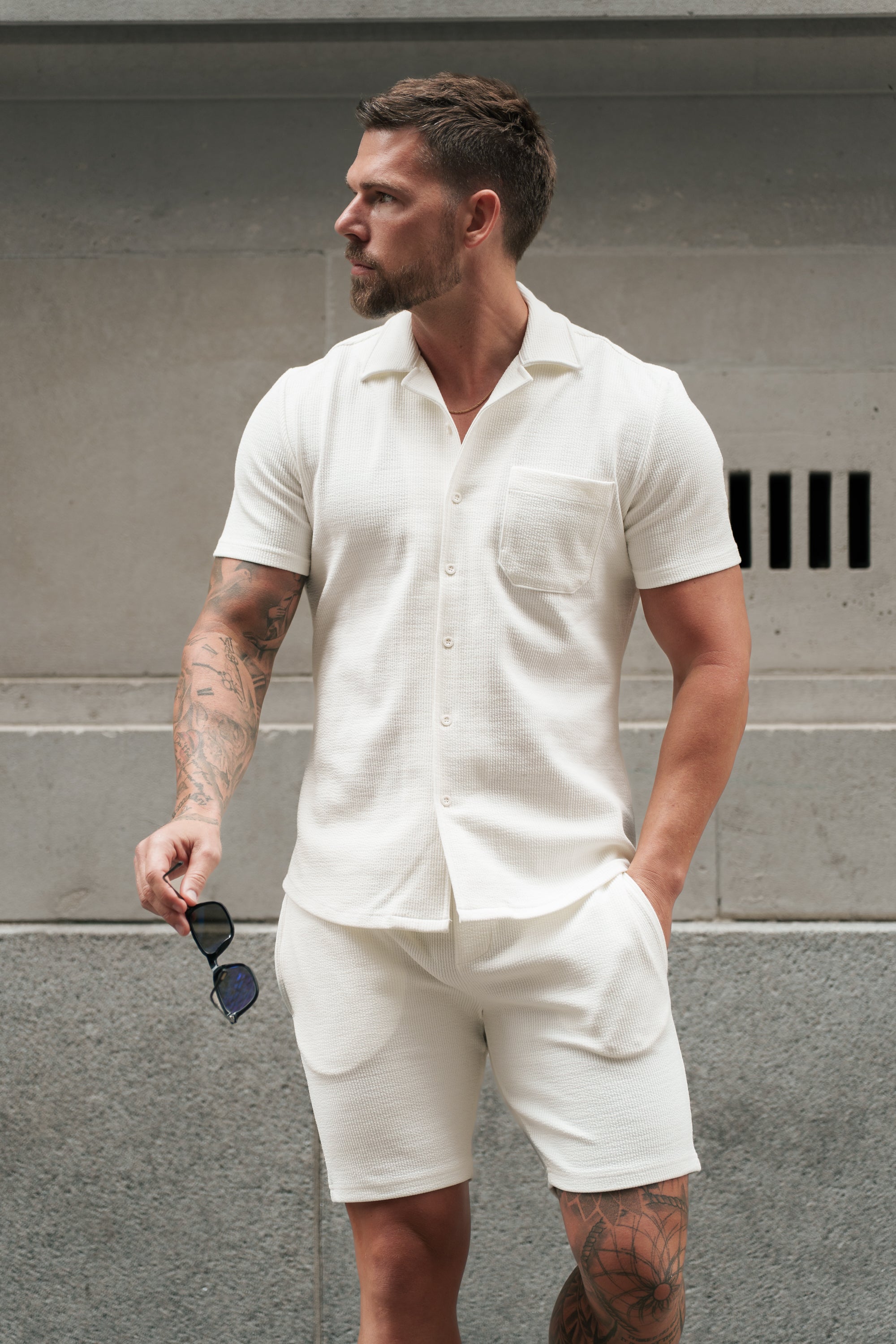 Jersey Cord Stretch White Revere Shirt Short Sleeve - FSR017