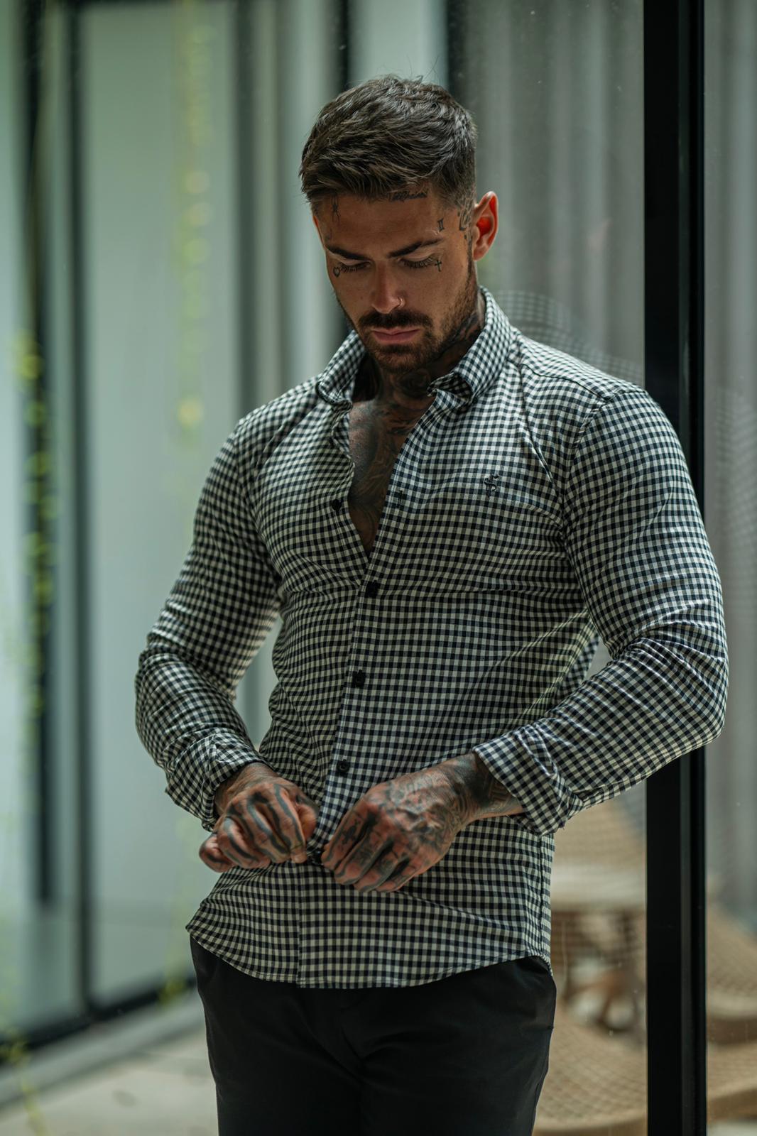 Super Slim Stretch White / Black Check Long Sleeve with Button Down Collar - FS1069