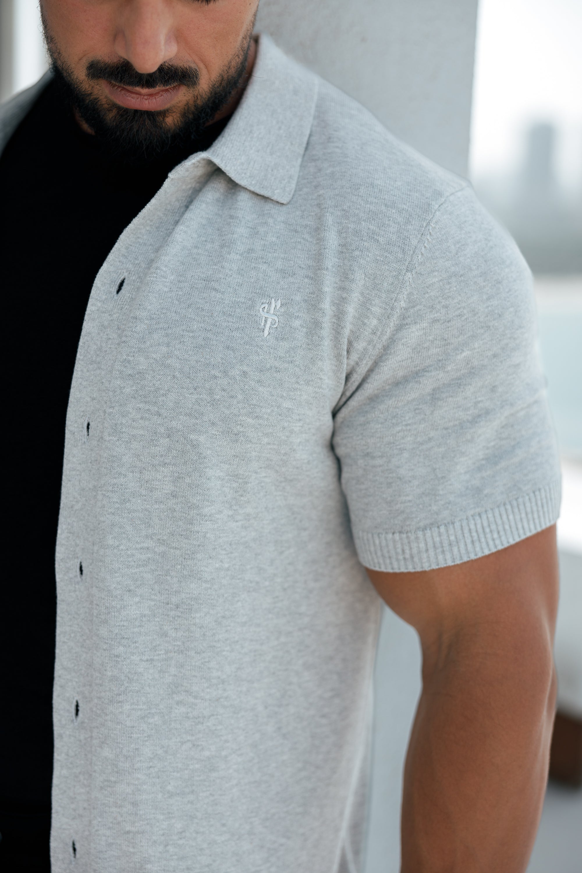 Classic Plain Light Grey Knitted Button Through Polo Short Sleeve - FSN102