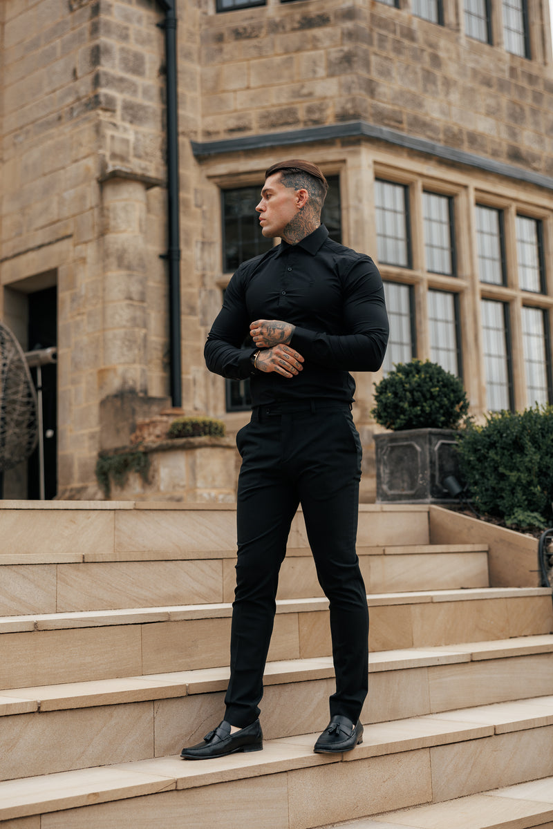 Father Sons Muscle Fit Advanced Stretch Black Cutaway Collar Shirt  - FS1164