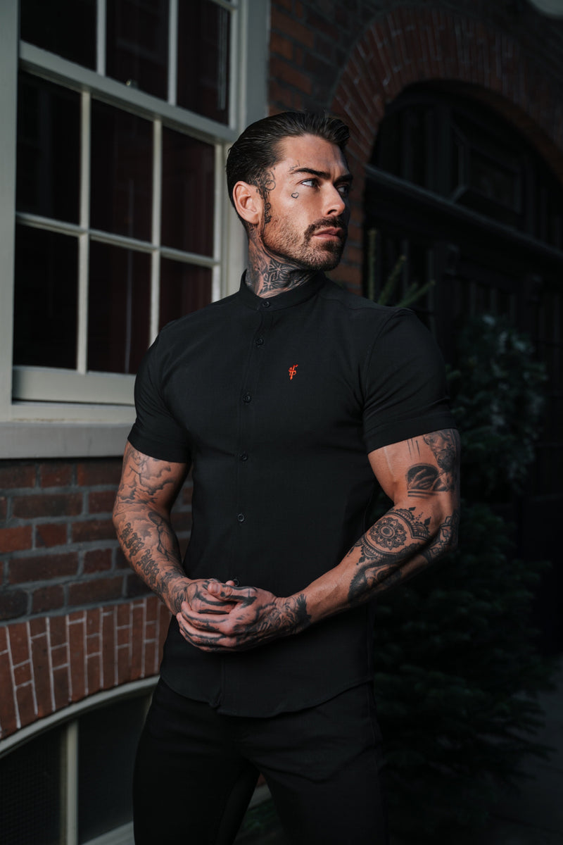 Father Sons Super Slim Scuba Black Short Sleeve Stretch With Grandad Collar - FS930