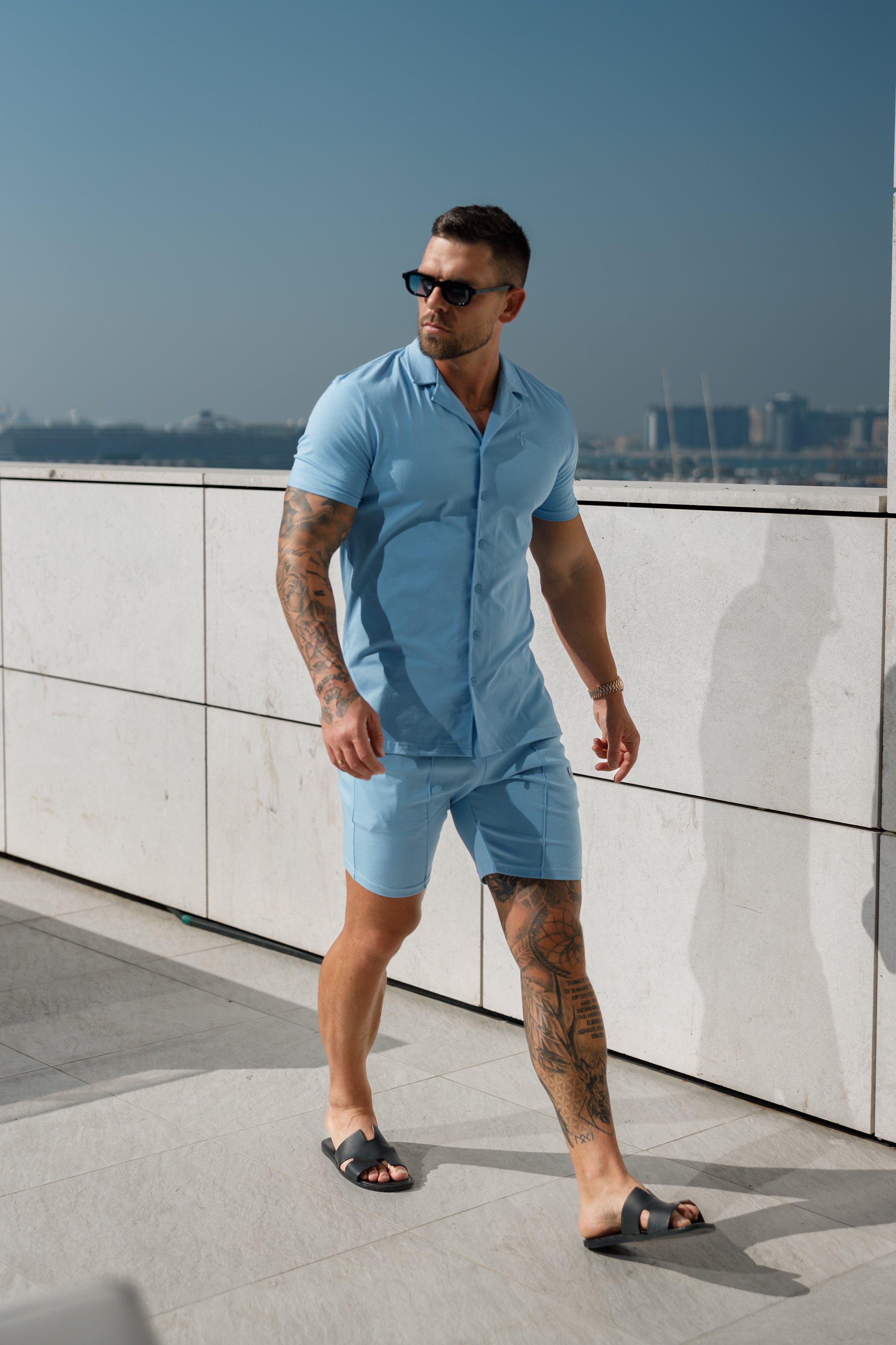 Stretch Light Blue Pique Revere Shirt Short Sleeve - FSH1074