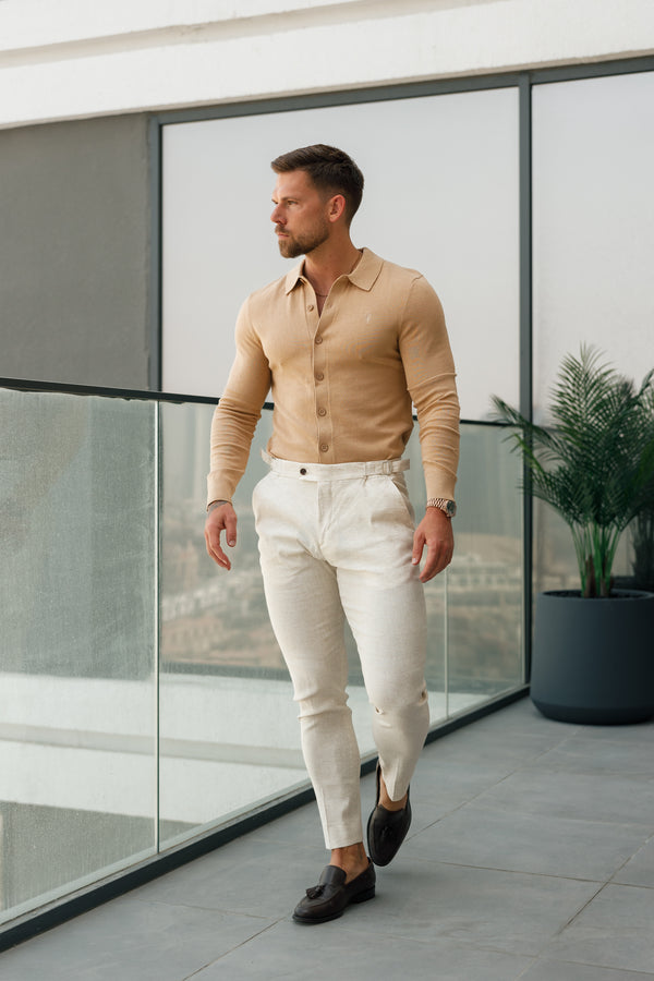 FatherSons Slim Formal Cream Linen Pants With Side Adjusters - FST020
