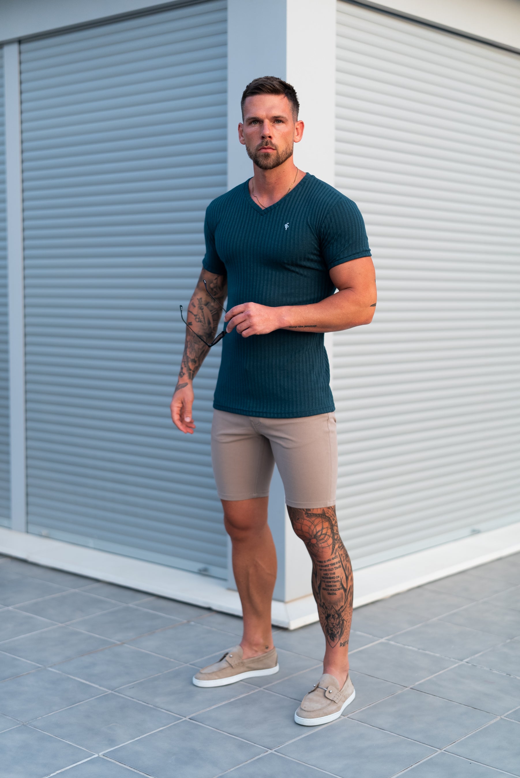 Super Slim Forest Green / Silver V Neck Ribbed Crew - FSH1368