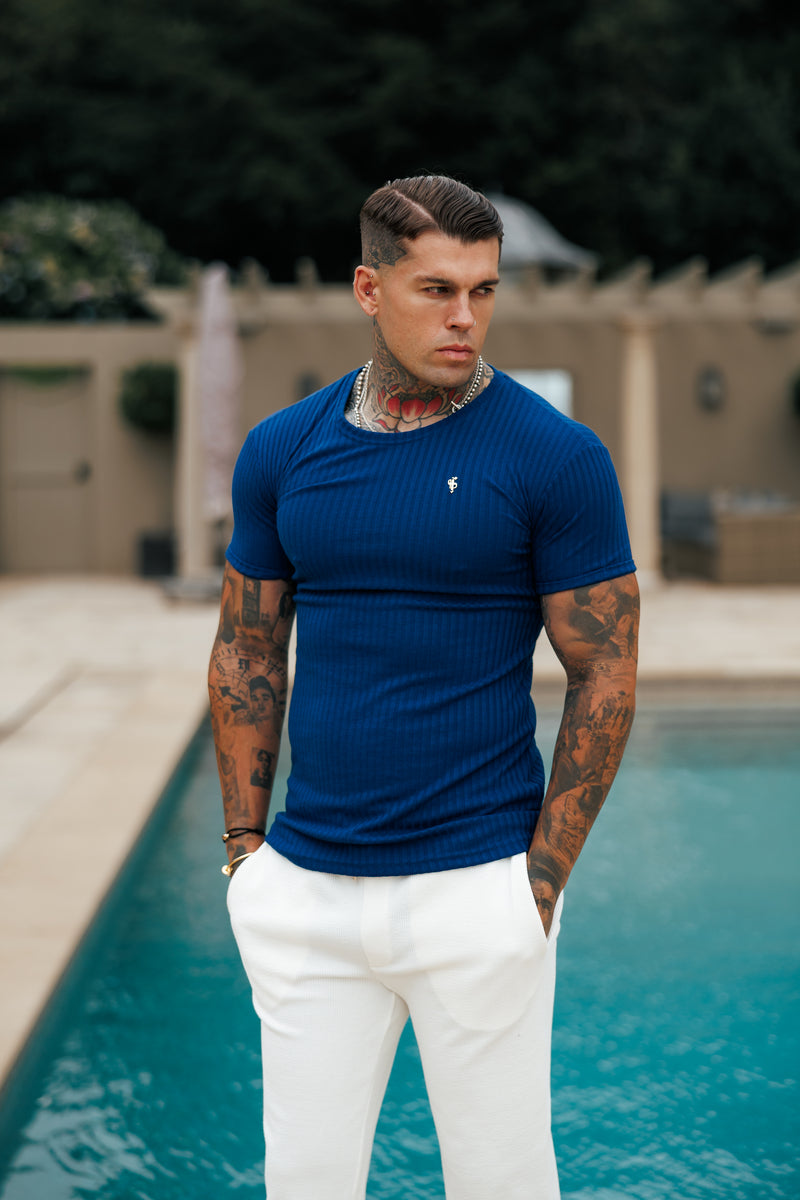 Father Sons Classic New Navy / Gold Ribbed Knit Super Slim Short Sleeve Crew - FSH1383