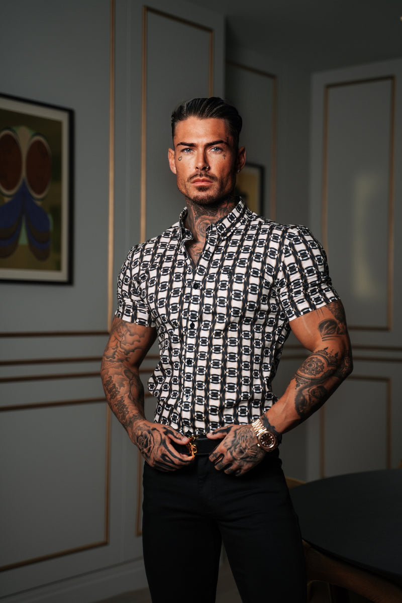 Father Sons Super Slim Stretch Black / Cream / Taupe Link Print Short Sleeve with Button Down Collar - FS849