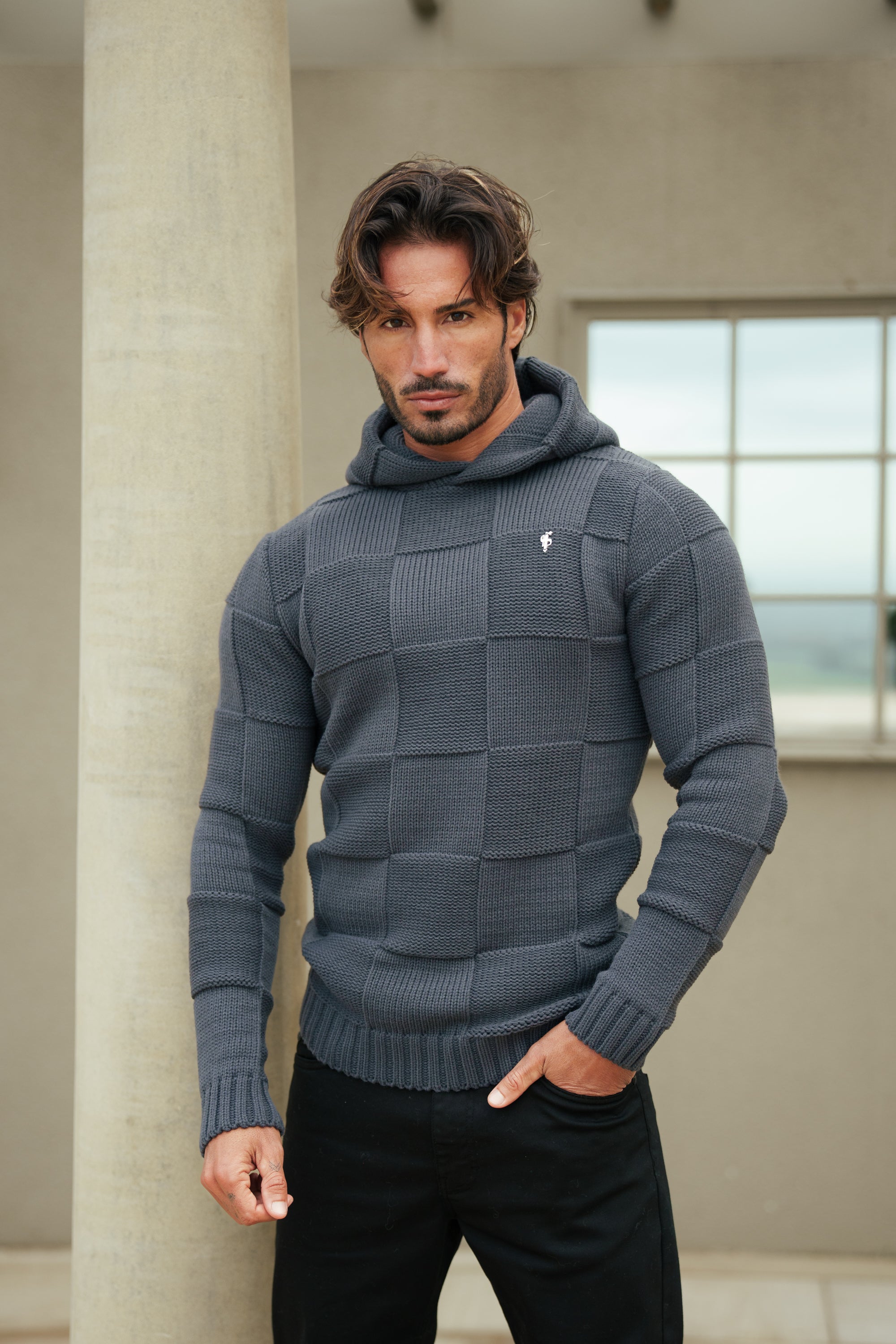 Gunmetal Checkerboard Knitted Hoodie - FSJ136
