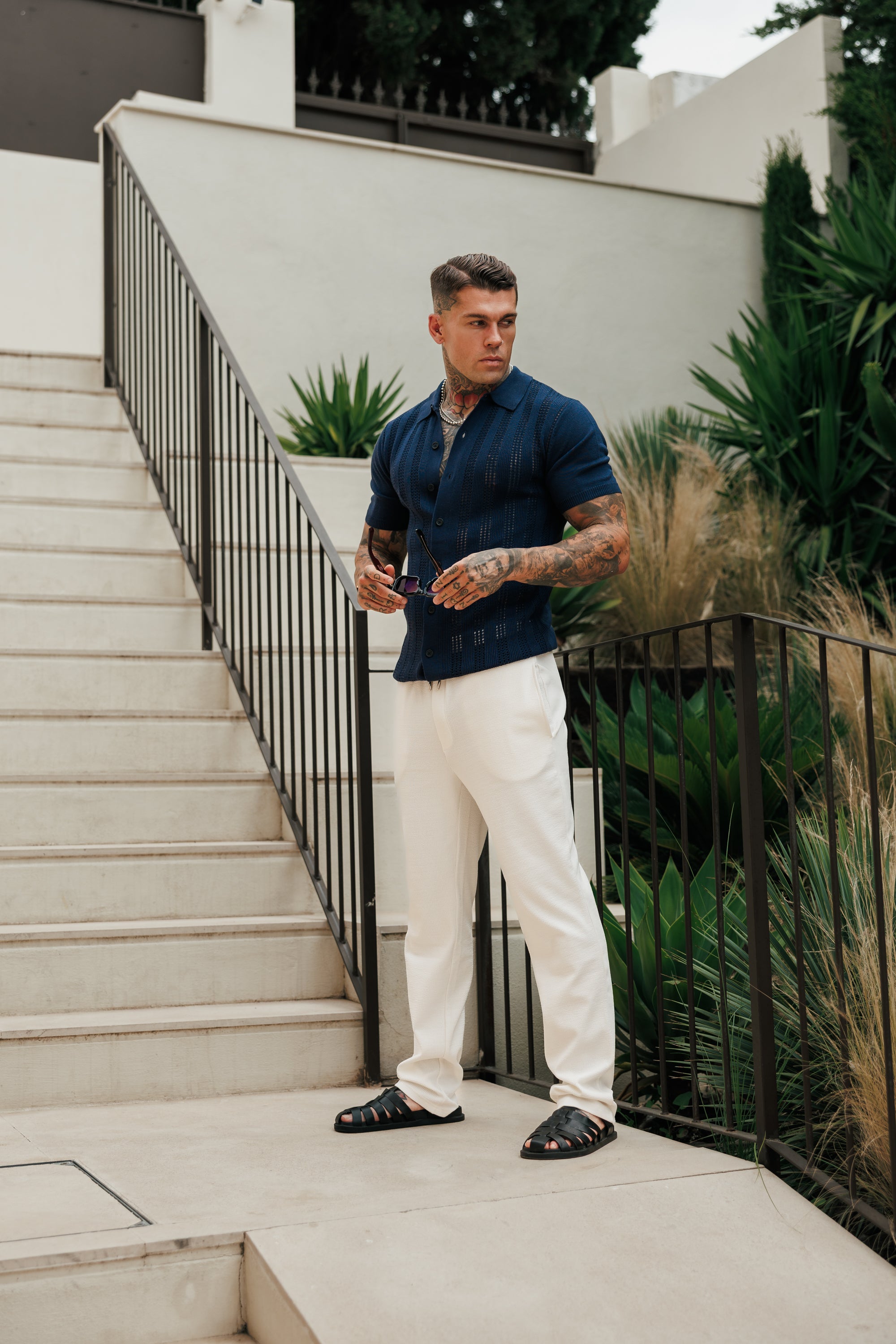 Navy Stripe Perforated Shirt Short Sleeve -  FSA020 (PRE ORDER 31ST AUGUST)