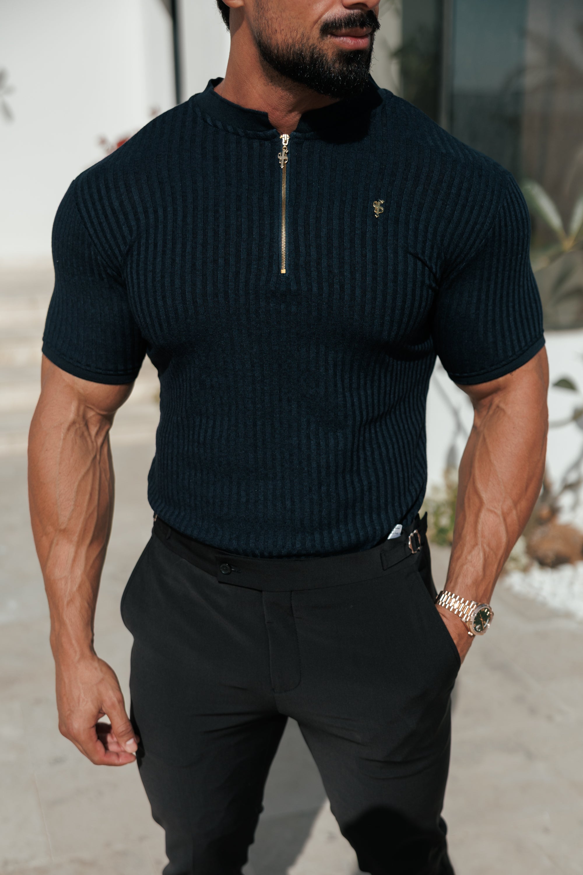 Classic Navy Ribbed Zip Grandad Collar Shirt Short Sleeve - FSH773