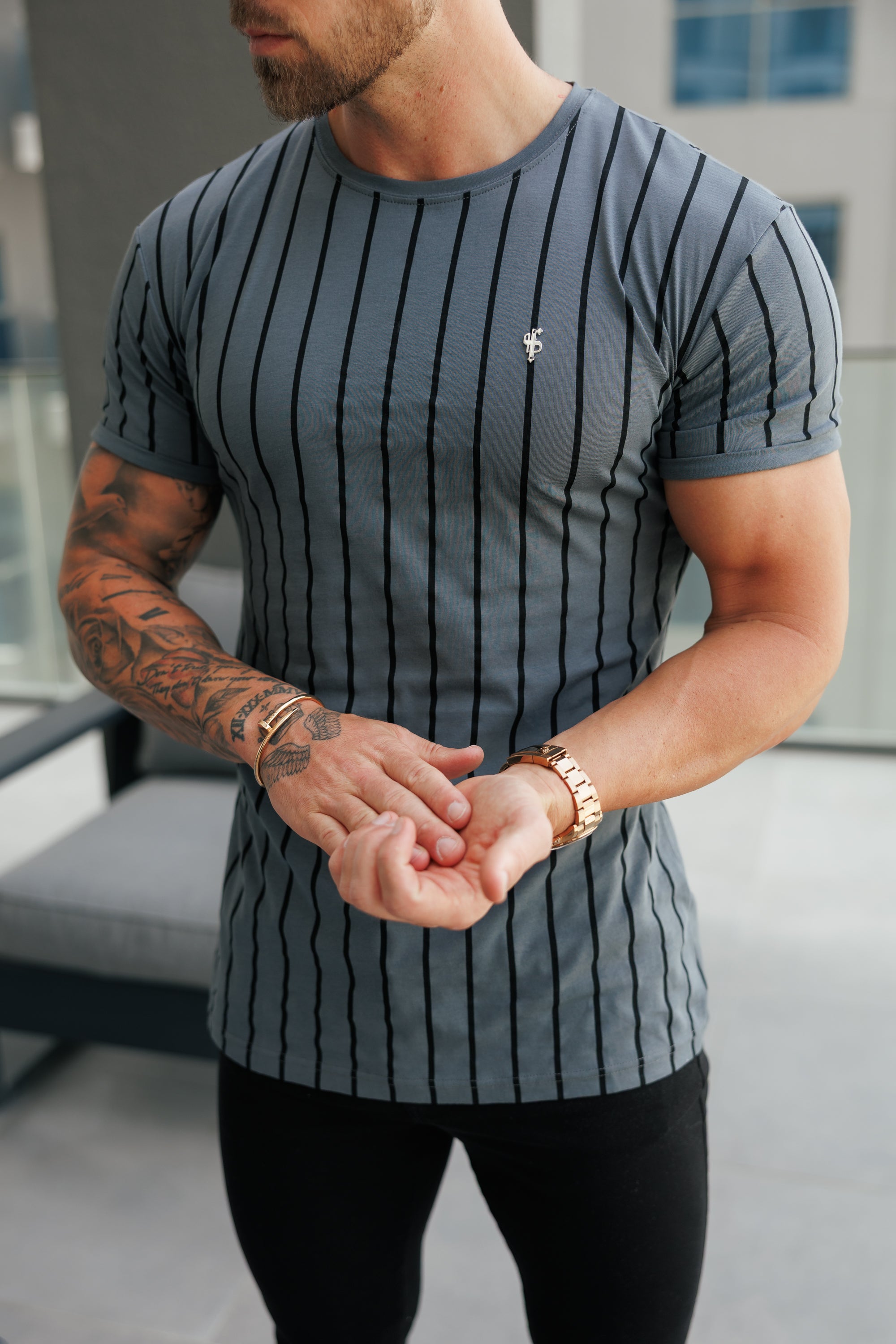 Printed Charcoal / Black Stripe Fitted T Shirt - FSH1375