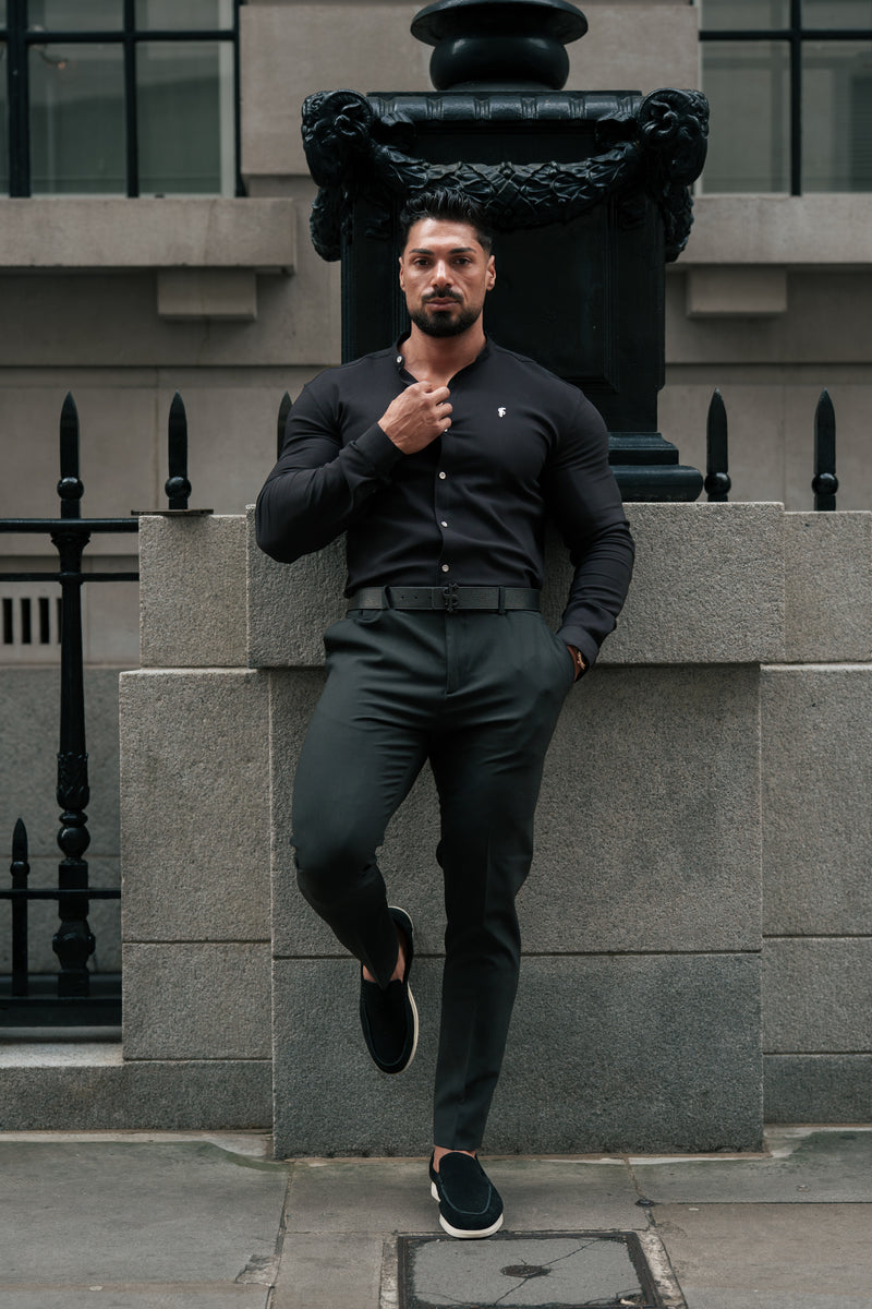 Father Sons Super Slim Scuba Black / Silver Long Sleeve Stretch with Grandad Collar - FS1191