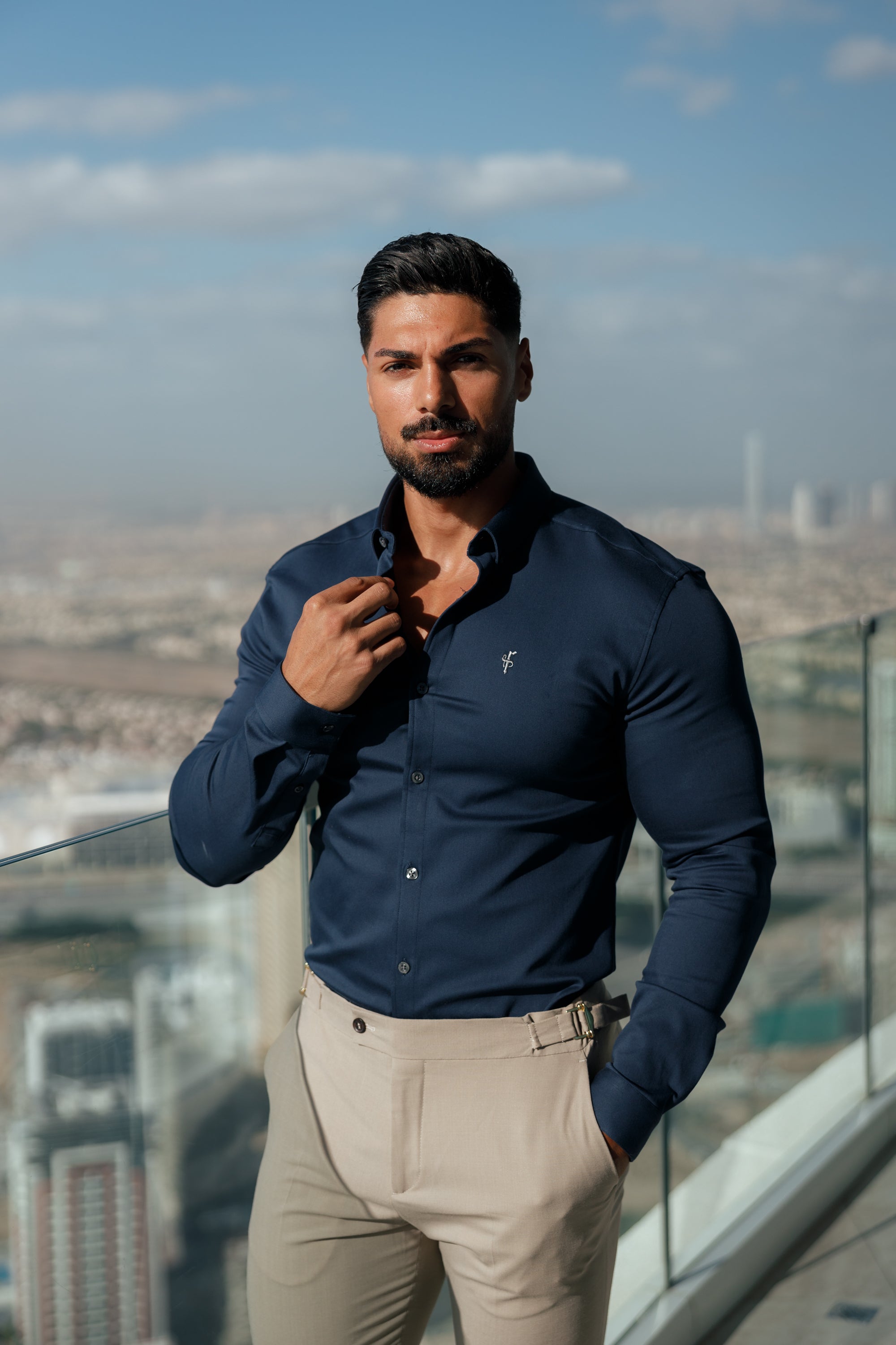 Super Slim Stretch New Navy Denim Long Sleeve With Button Down Collar - FS1018