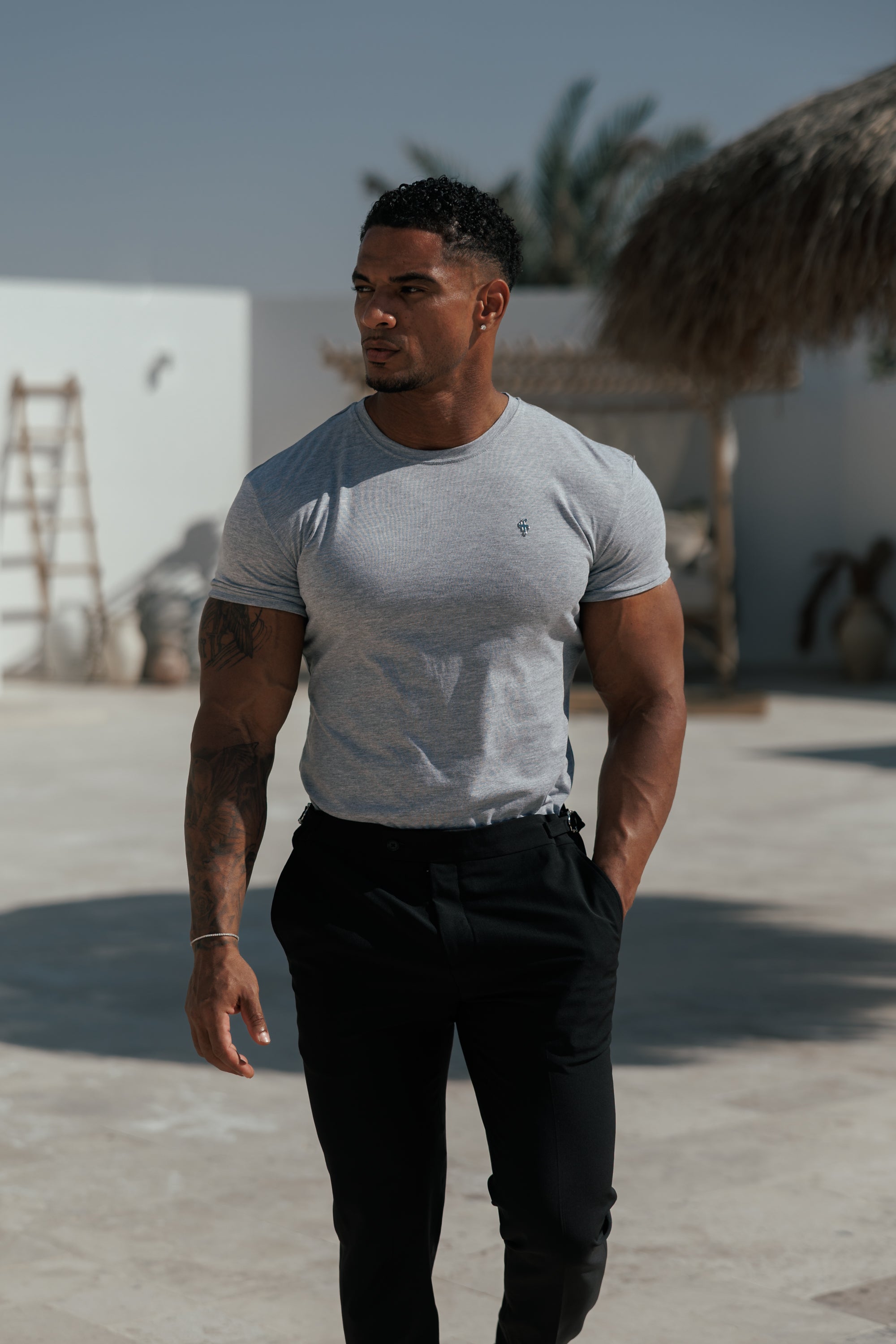 Light Grey Crew Neck Tshirt with Silver Metal Emblem Decal - FSH1452