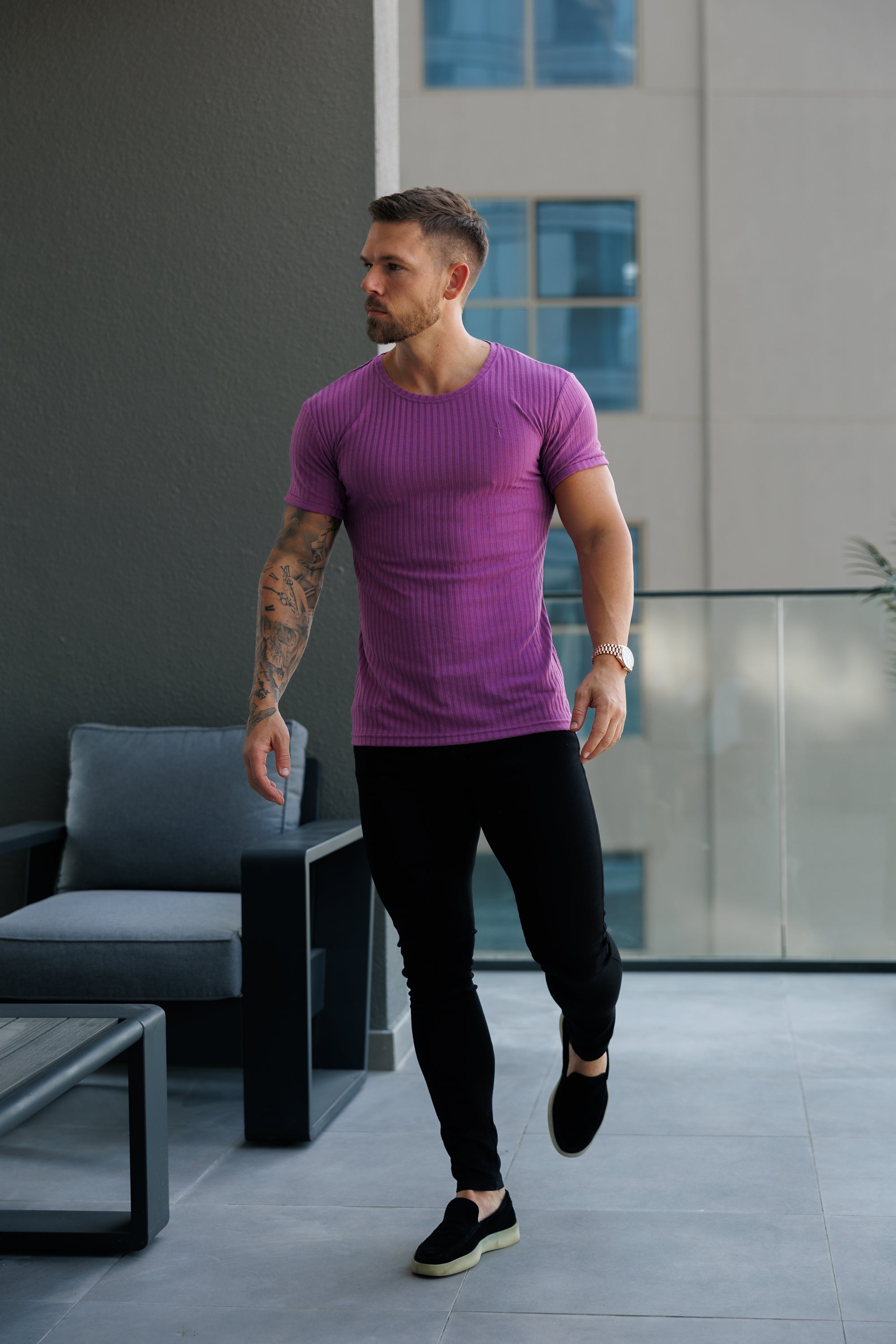 Classic Light Purple Ribbed Knit Super Slim Short Sleeve Crew - FSH1161