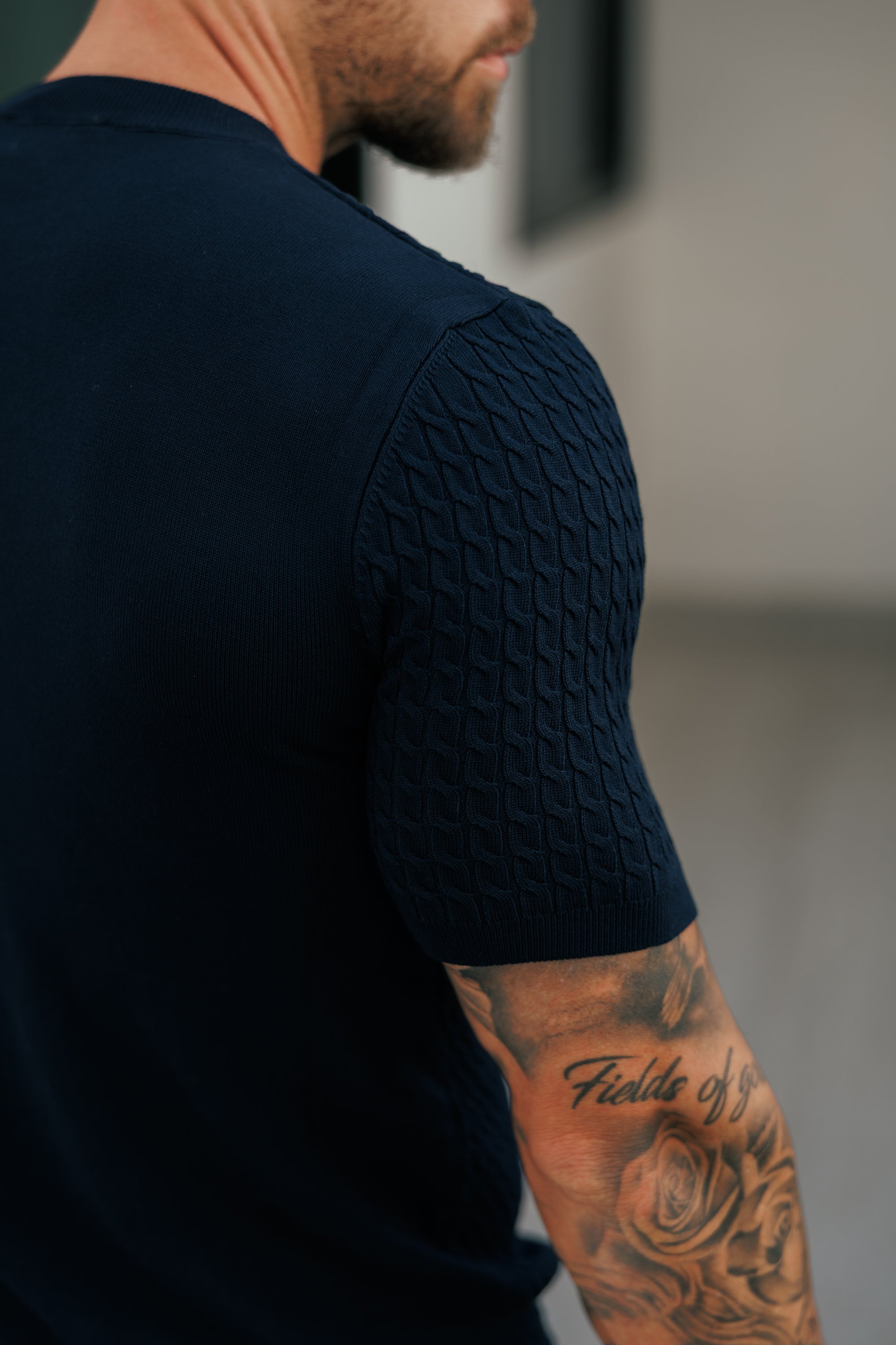 Front Chain Knit Crew Tshirt Navy Short Sleeve  -  FSR054