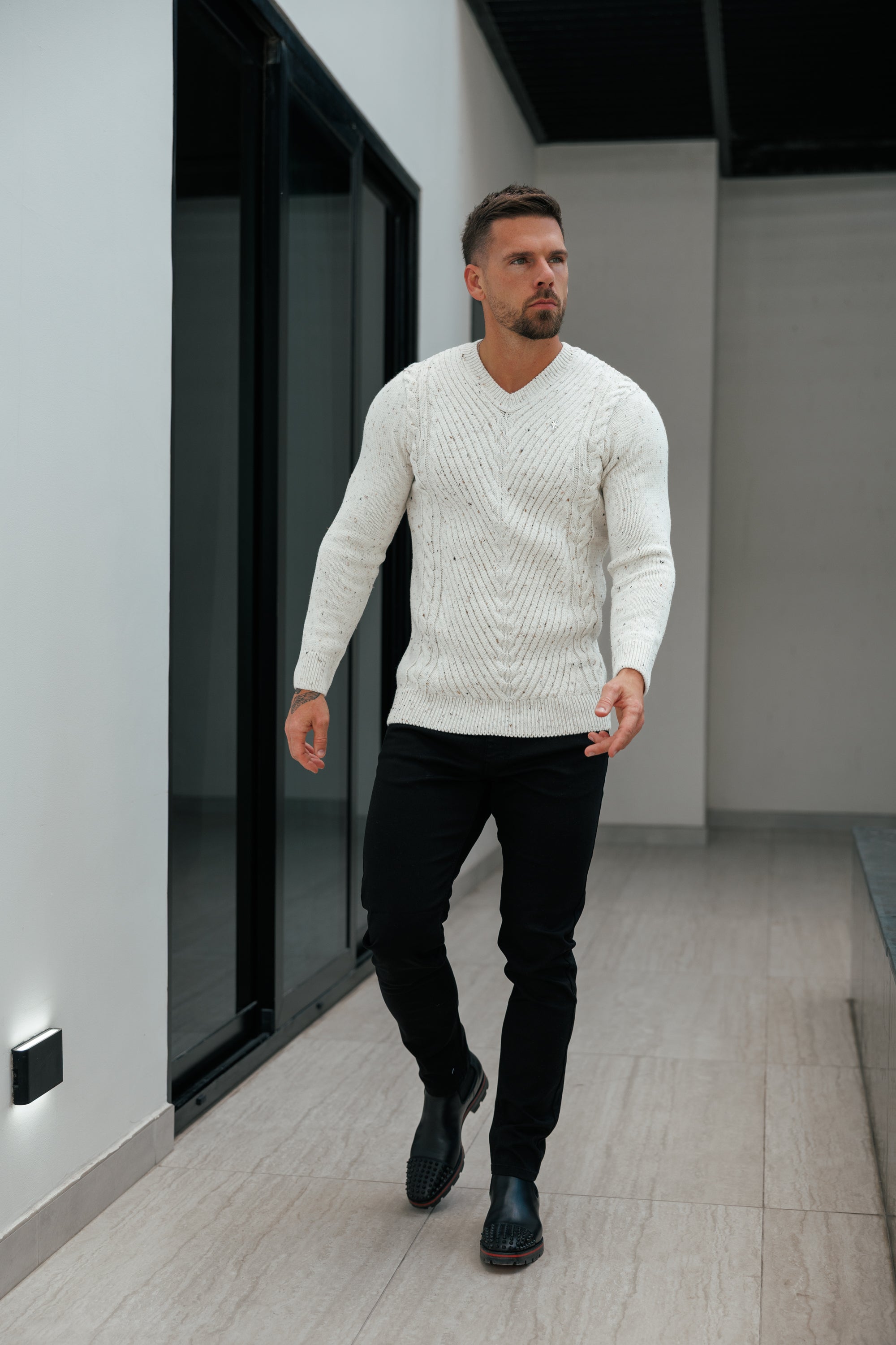 Chevron Front Beige Fleck V Neck Jumper - FSJ153