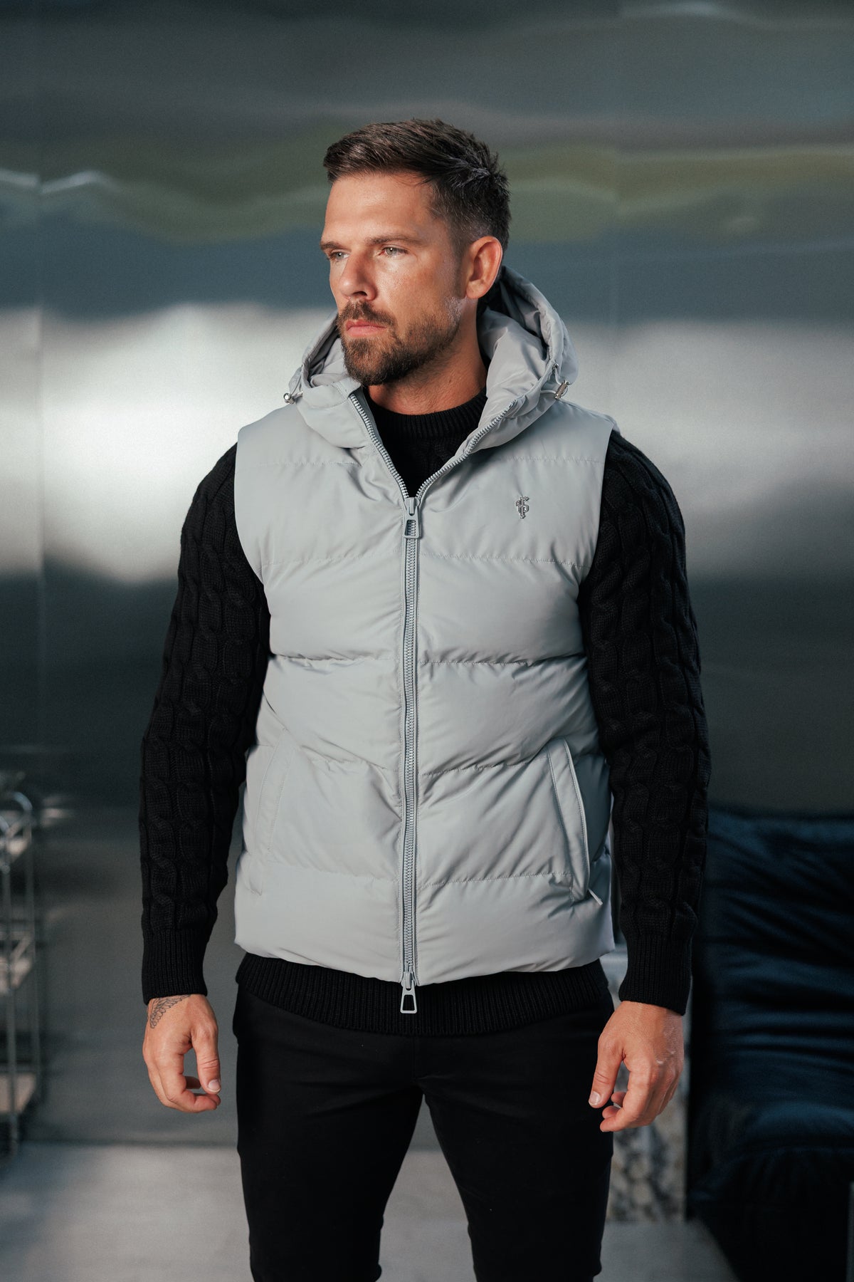 Mid Grey Padded Hooded Gilet - FSN244