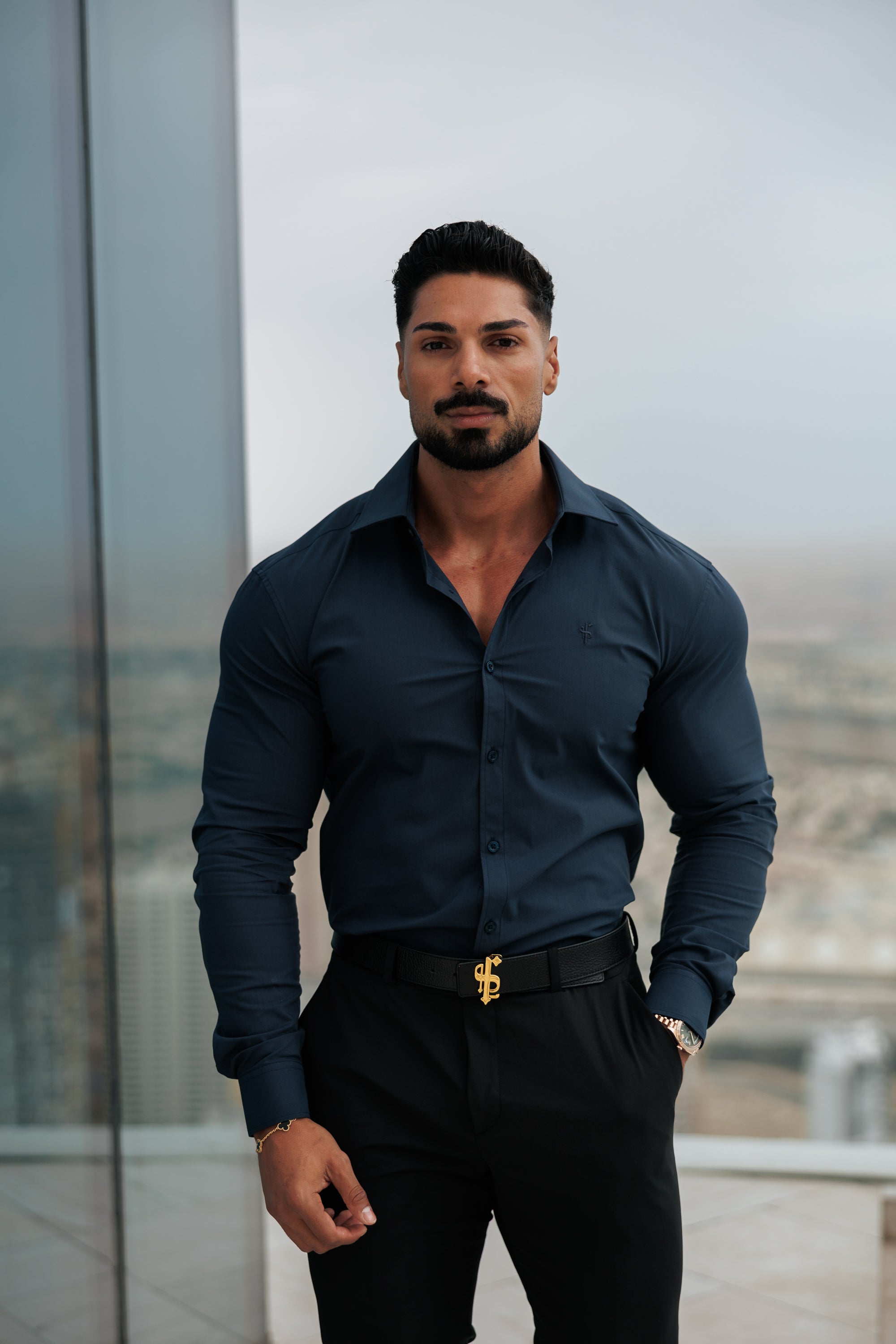 Muscle Fit Advanced Stretch Navy with Cutaway Collar  - FS1168