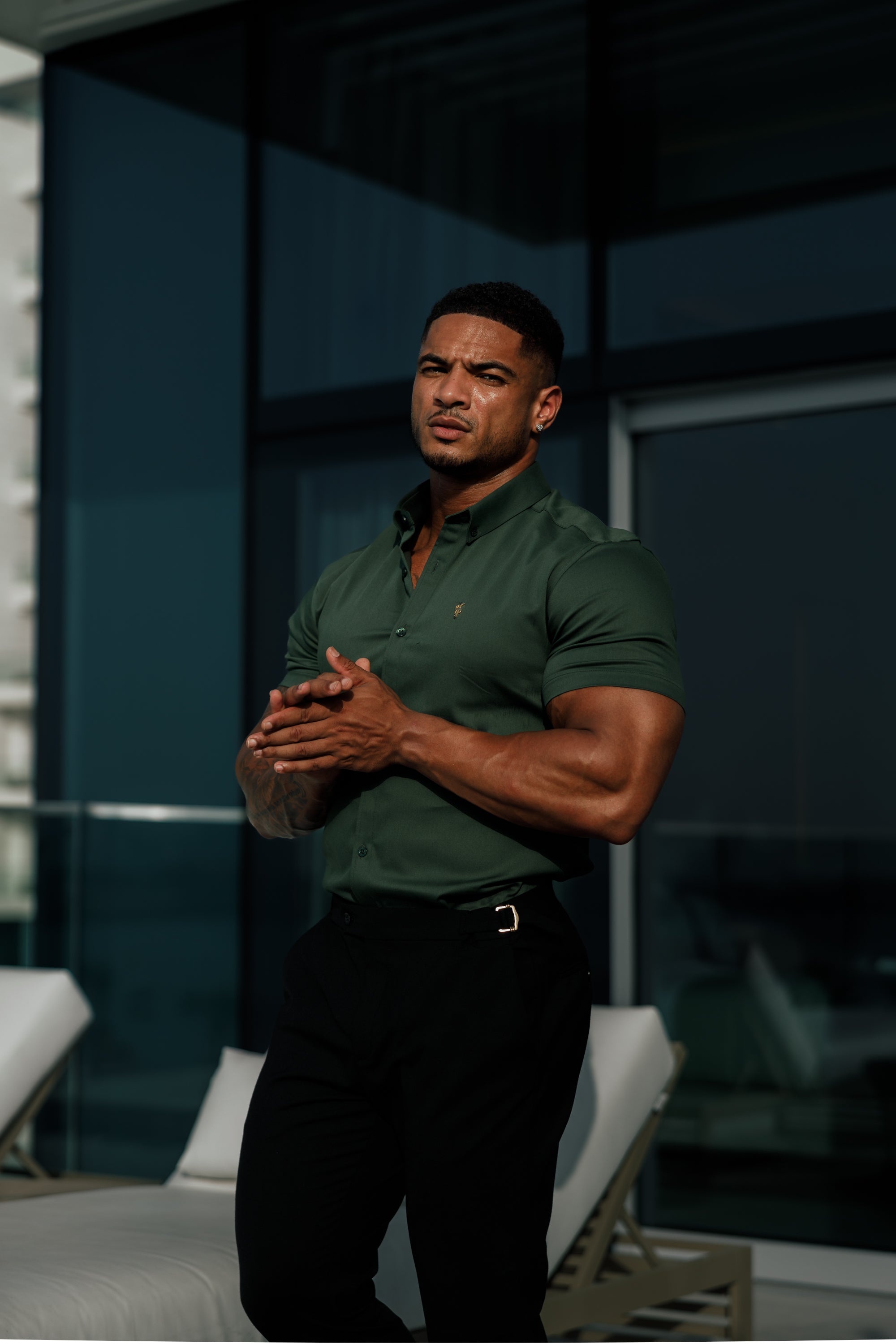 Super Slim Stretch Khaki Denim Short Sleeve with Gold Metal Decal and Button Down Collar - FS1043