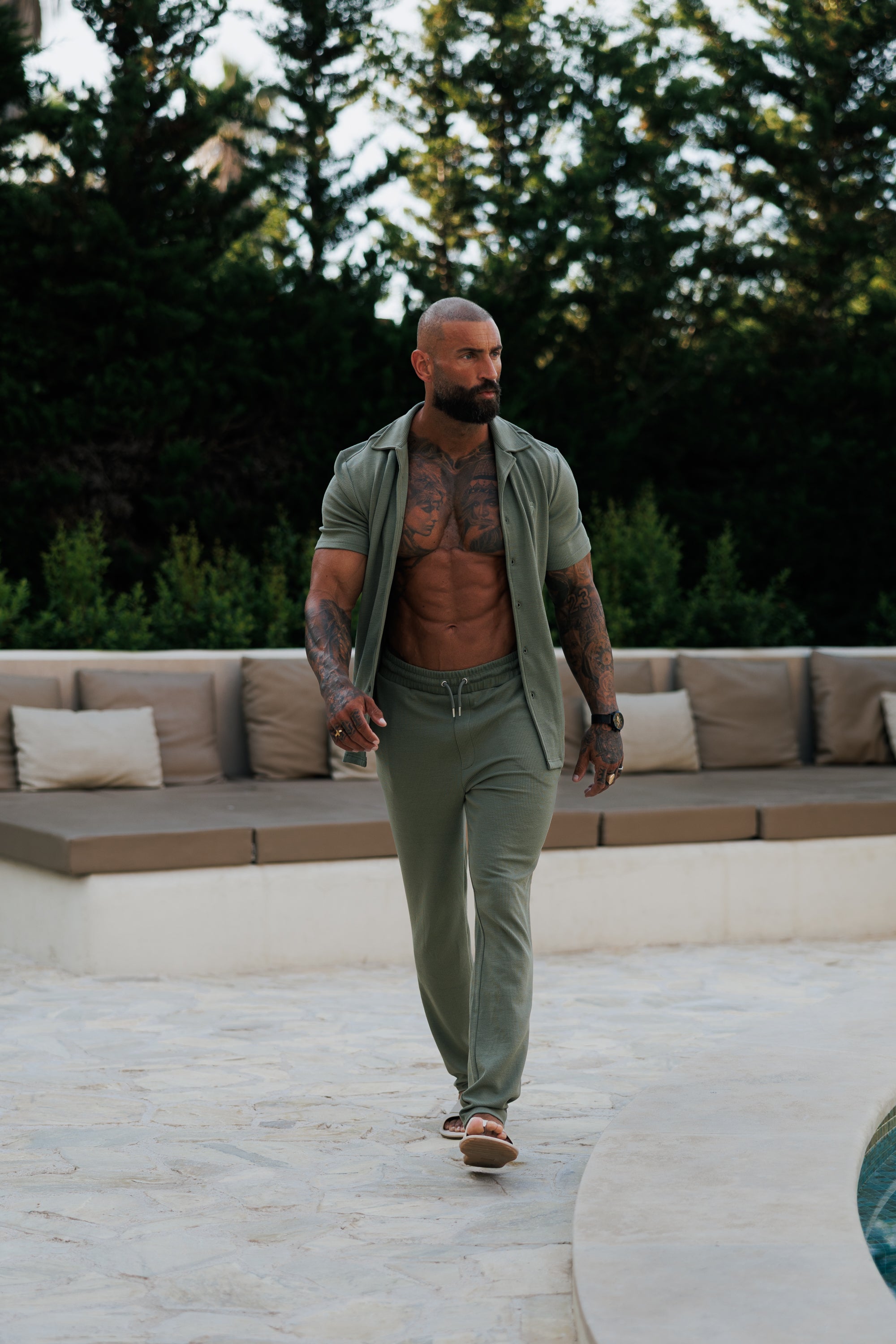 Jersey Cord Stretch Olive Revere Shirt Short Sleeve - FSR072