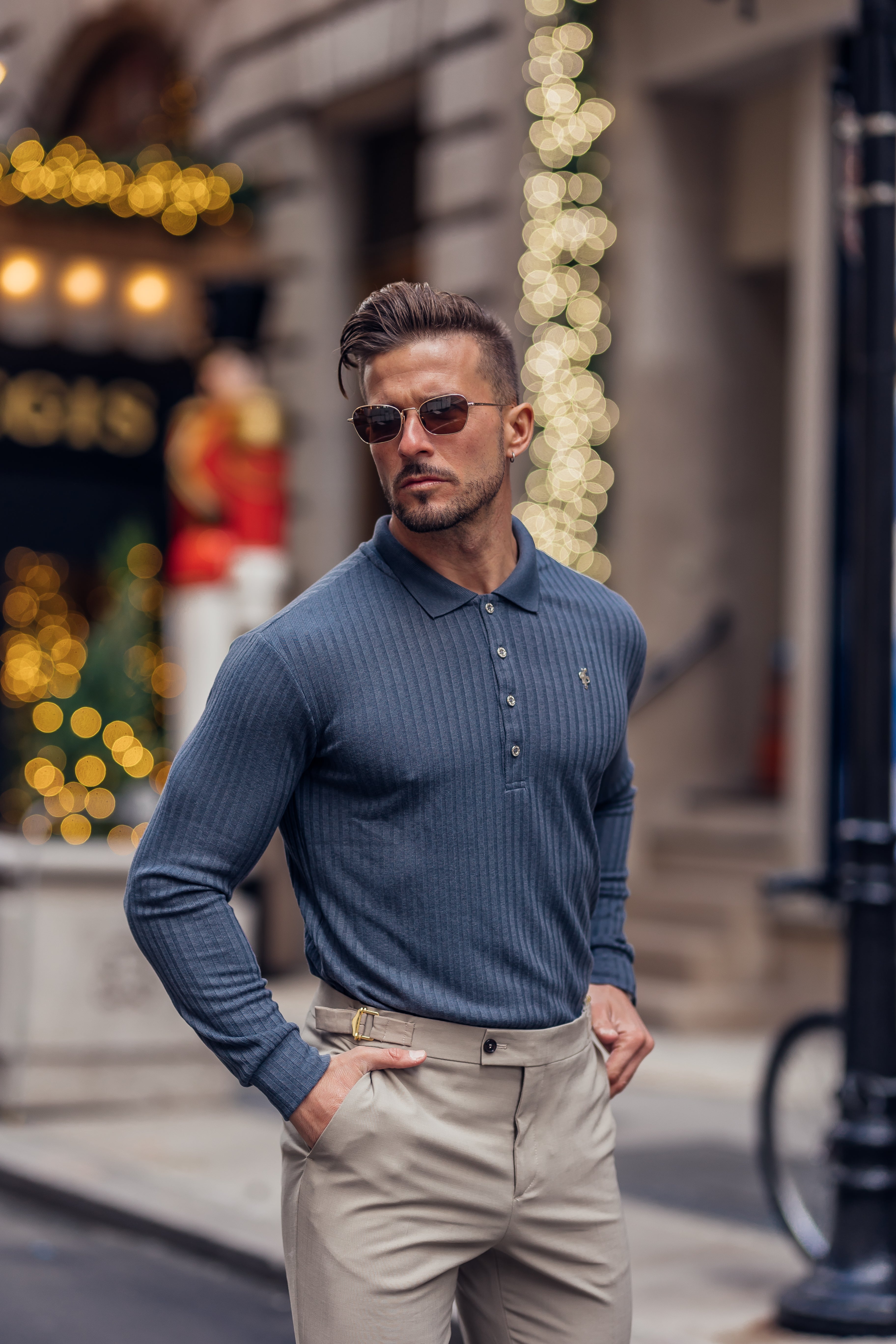 Classic Charcoal Ribbed Polo Shirt Long Sleeve With Silver Decal - FSH971