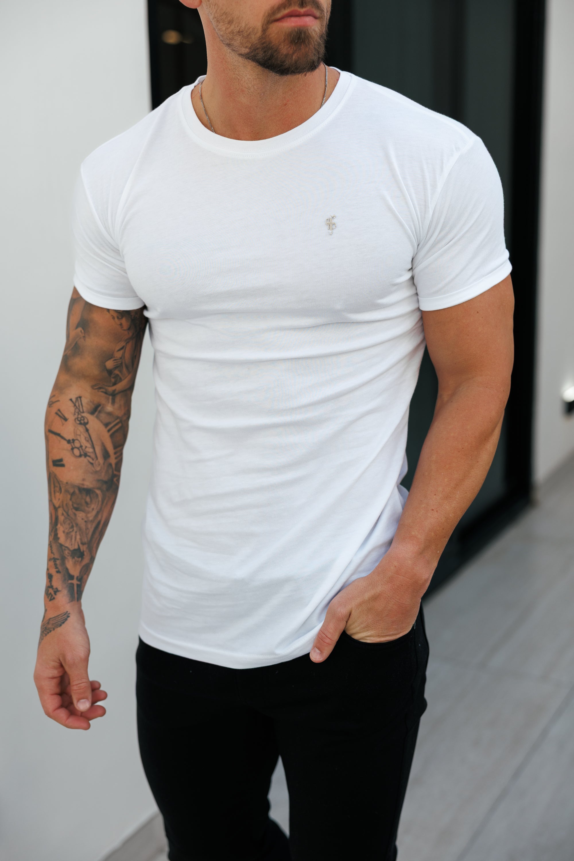 White / Silver Crew T-shirt with Silver Metal Emblem Decal FSH1453