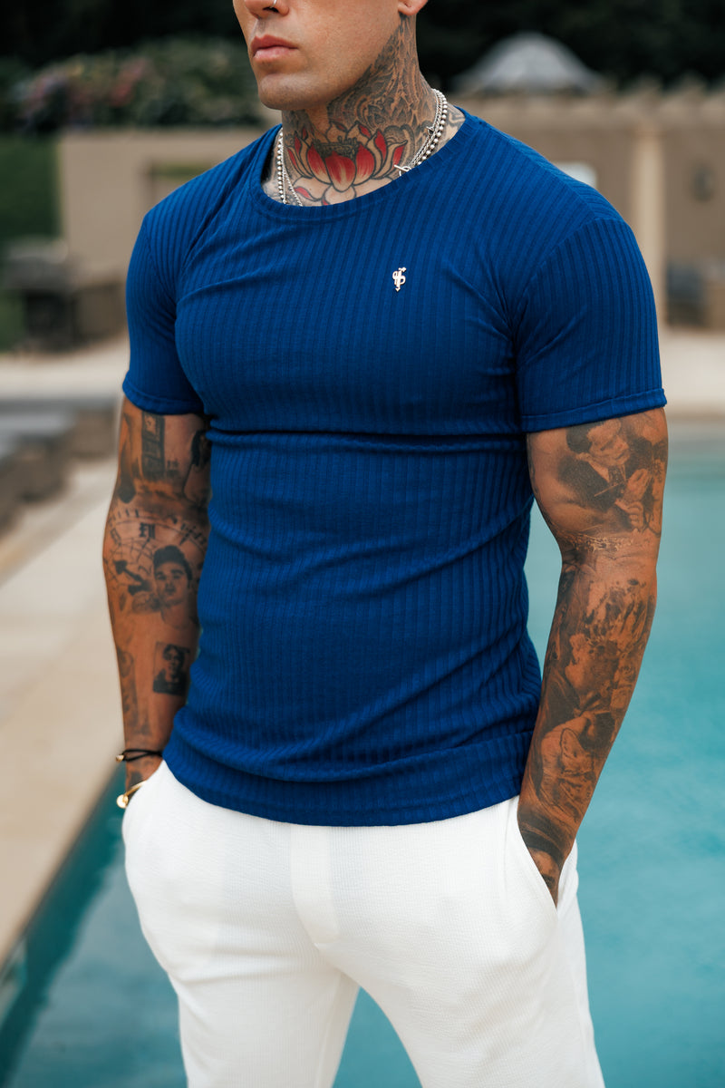 Father Sons Classic New Navy / Gold Ribbed Knit Super Slim Short Sleeve Crew - FSH1383