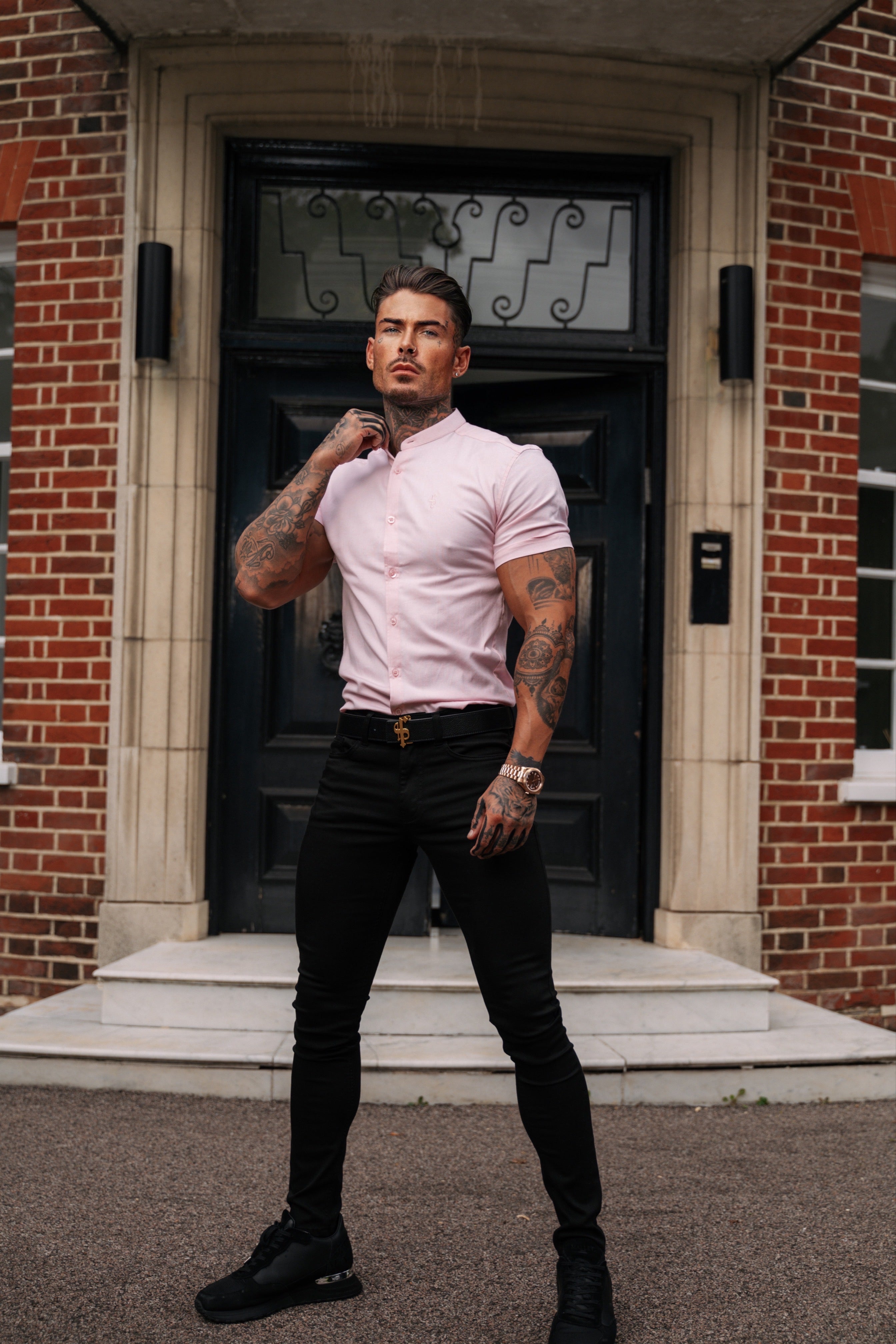 Super Slim Stretch Classic Oxford Pink Grandad Collar Short Sleeve - FS953