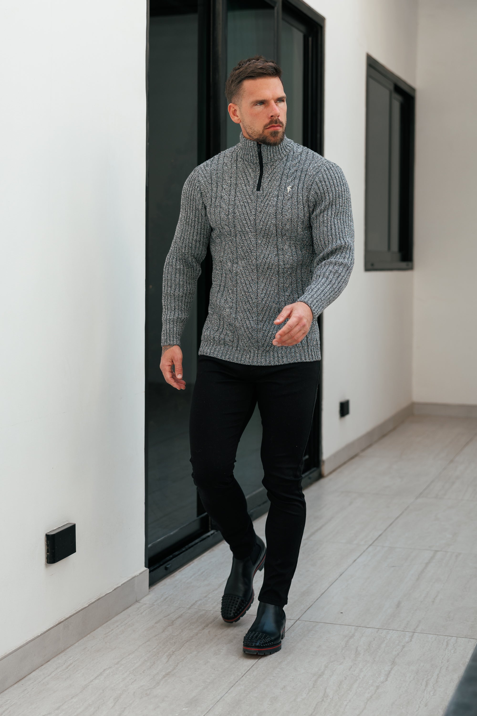 Funnel Neck Jumper with Quarter Zip Black / White Two Tone - FSJ154